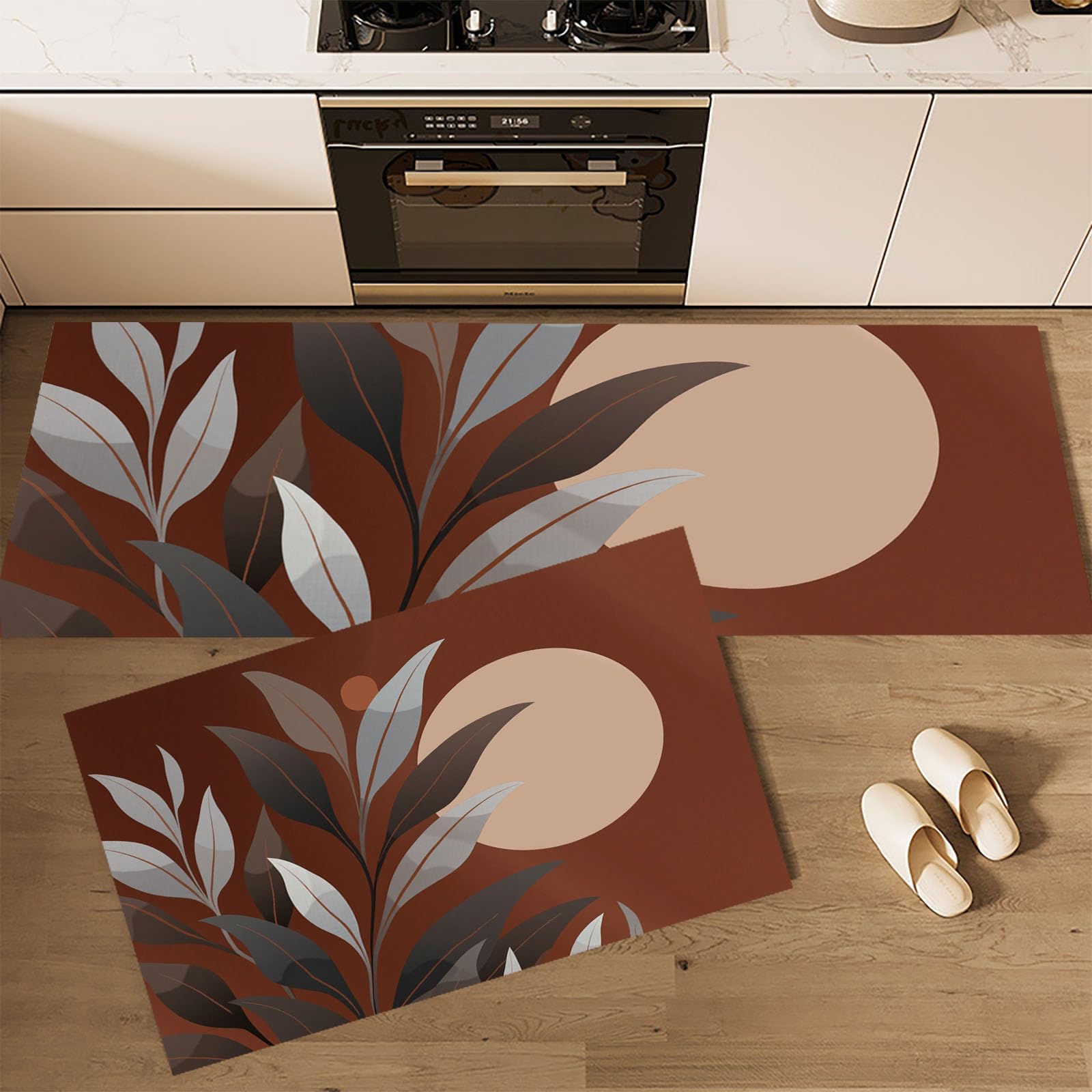 Leaves Sun 2 Pcs Kitchen Mat Set Non slip Washable, Abstract Plants Rugs Runner, Earth Color Kitchen Rug Set for Office Sink Laundry, 40x60cm+40x120cm
