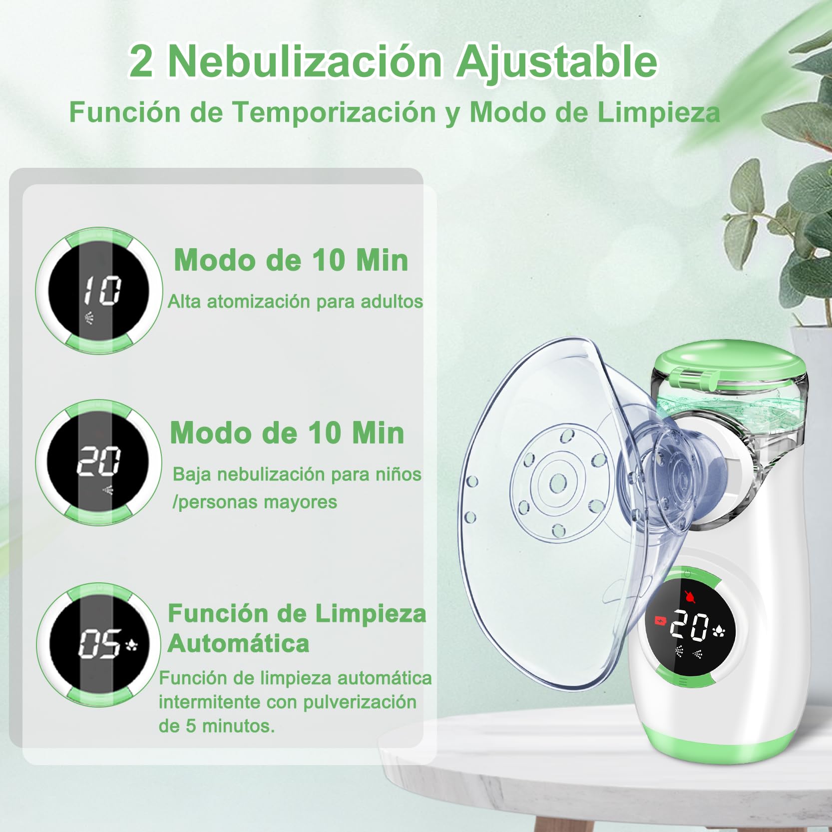 Nebulizador con Pantalla de Visualización, Nebulizador Portatil Nebulizador para Bebe Niños Adultos con Boquilla y 2 Máscaras, Nebulizador Silencioso para Uso Doméstico y de Viaje