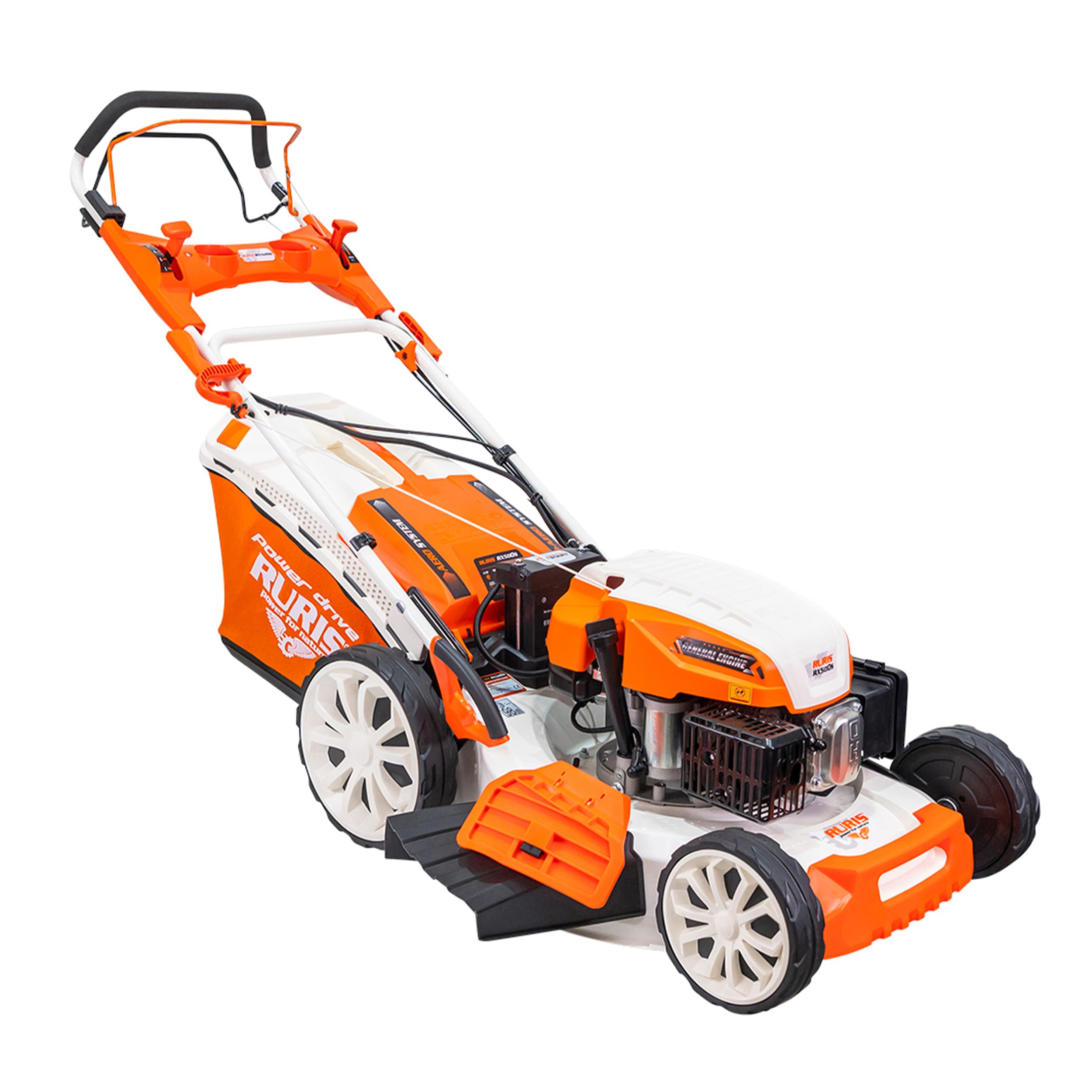RURIS POWER FOR NATURE Tondeuse à Gazon Thermique 5 en 1 Mulching 5,7 CV 196cc RX500S, Orange | Démarrage électrique. Ramassage, Éjection Arrière et Latérale, Mulching, Nettoyage, Châssis en Acier