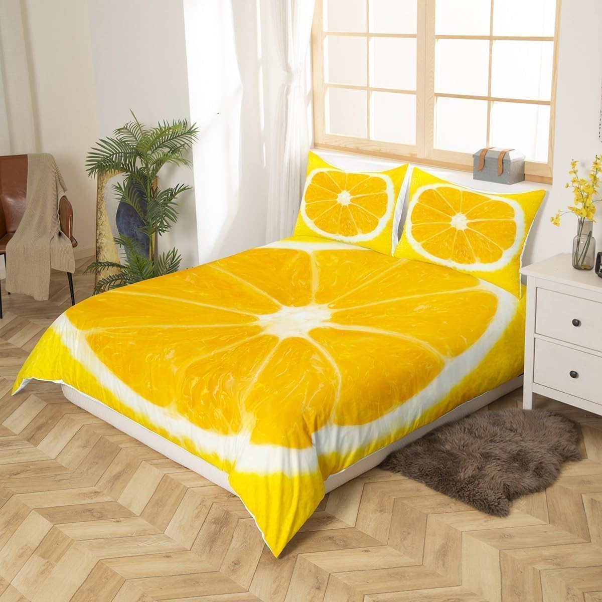 Podwójna poszwa na kołdrę 260 x 240 cm plastry pomarańczy zestaw pościeli z nadrukiem 3D żółty pokrowiec na kołdrę z miękkiej mikrofibry poszewka na kołdrę z zamkami błyskawicznymi i 2 poszewkami na