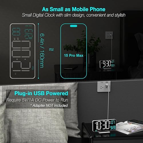 Miniatura 2 de KOSUMOSU Reloj despertador digital pequeño de 6.7 pulgadas para dormitorio, atenuación automática, alarma doble, fecha, segundos, día de la semana,