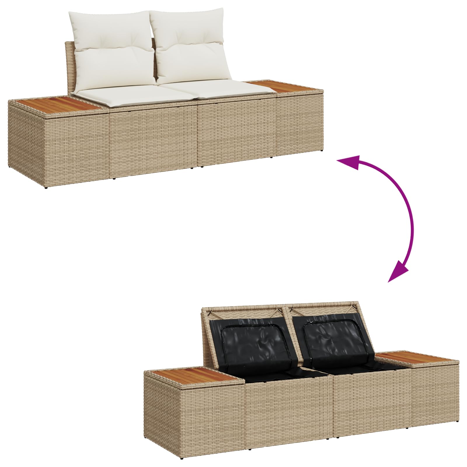 Juego de 6 sofás de jardín con cojines beige de polirratán de acacia, sofá modular de jardín, muebles de relax, muebles de terraza, juego de muebles de jardín