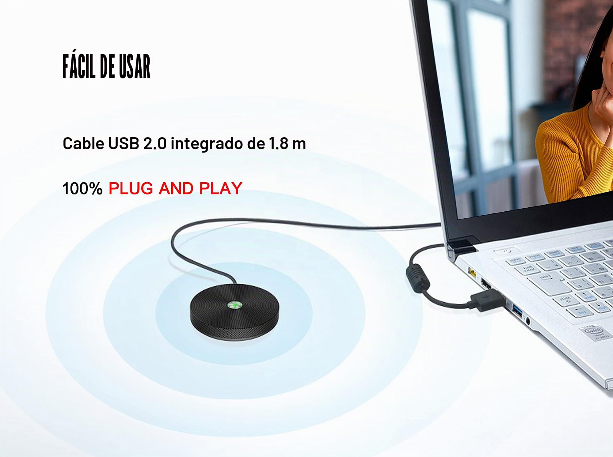 PowerMic, Micrófono de Conferencia USB, micrófono omnidireccional de Metal con cancelación de Eco y Ruido, captación de Voz de 360° a 3 Metros, para Sala de reuniones u Oficina