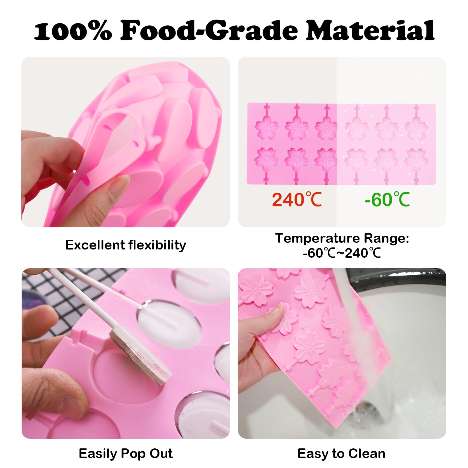 4 Pack Silicone Lollipop Molds, Chocolate Hard Candy Mold Baking Tool 8 and 12 Holes Set, Flower Mold with 100PCS Lollypop Sticks, Gold Ties, Treat Bags - Image 4