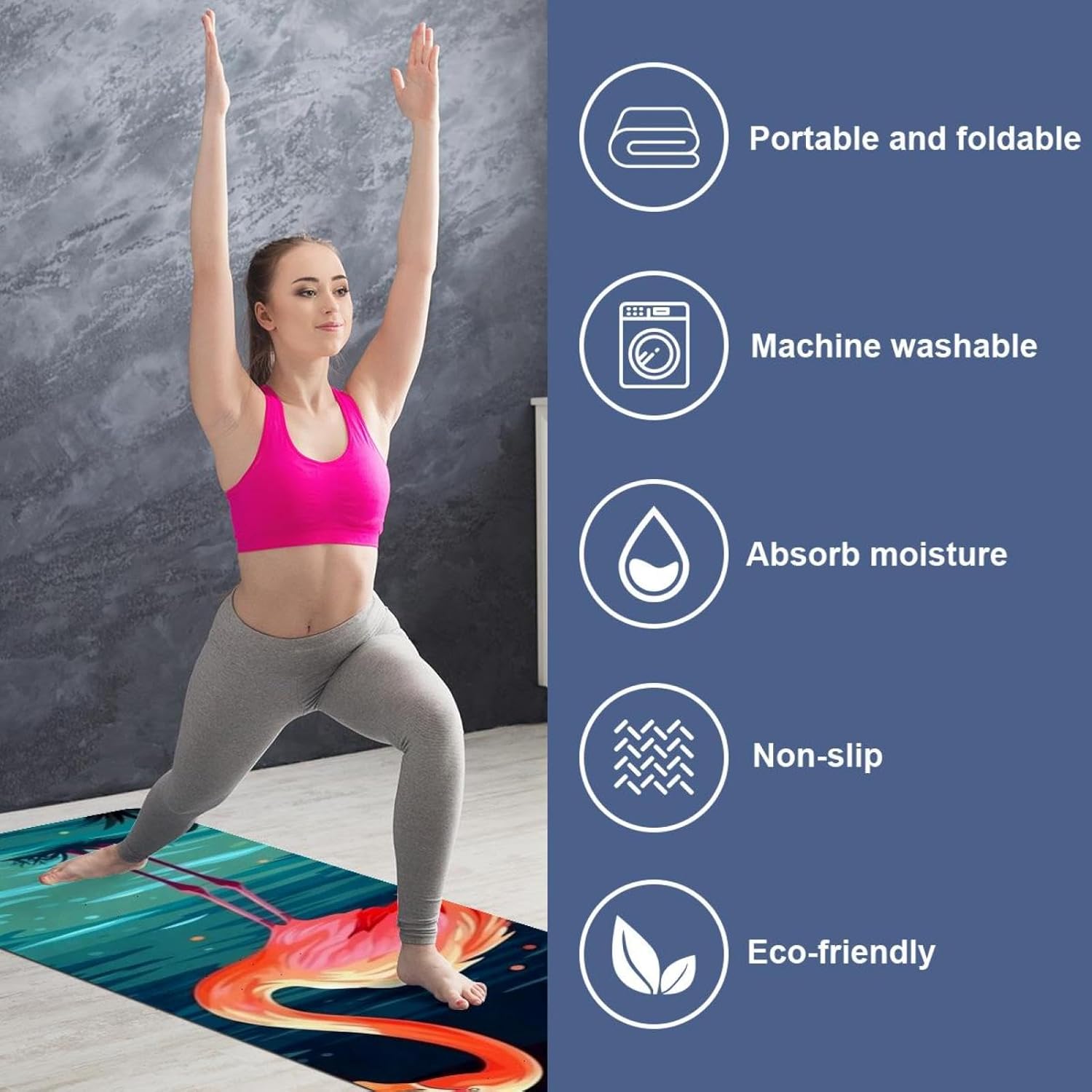Yoga Towel, Tropical Flamingo Pattern Non Slip Sweat Absorbent Hot Yoga Mat Towel for Hot Yoga, Pilates and Fitness - 72.8" x 26.8"