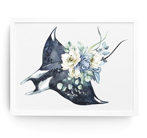 Watercolor Manta Ray Wall Art Print Unframed - Floral Manta Ray Print - Ocean Theme Wall Art Decor - Manta Ray and Flowers Painting - Manta Ray