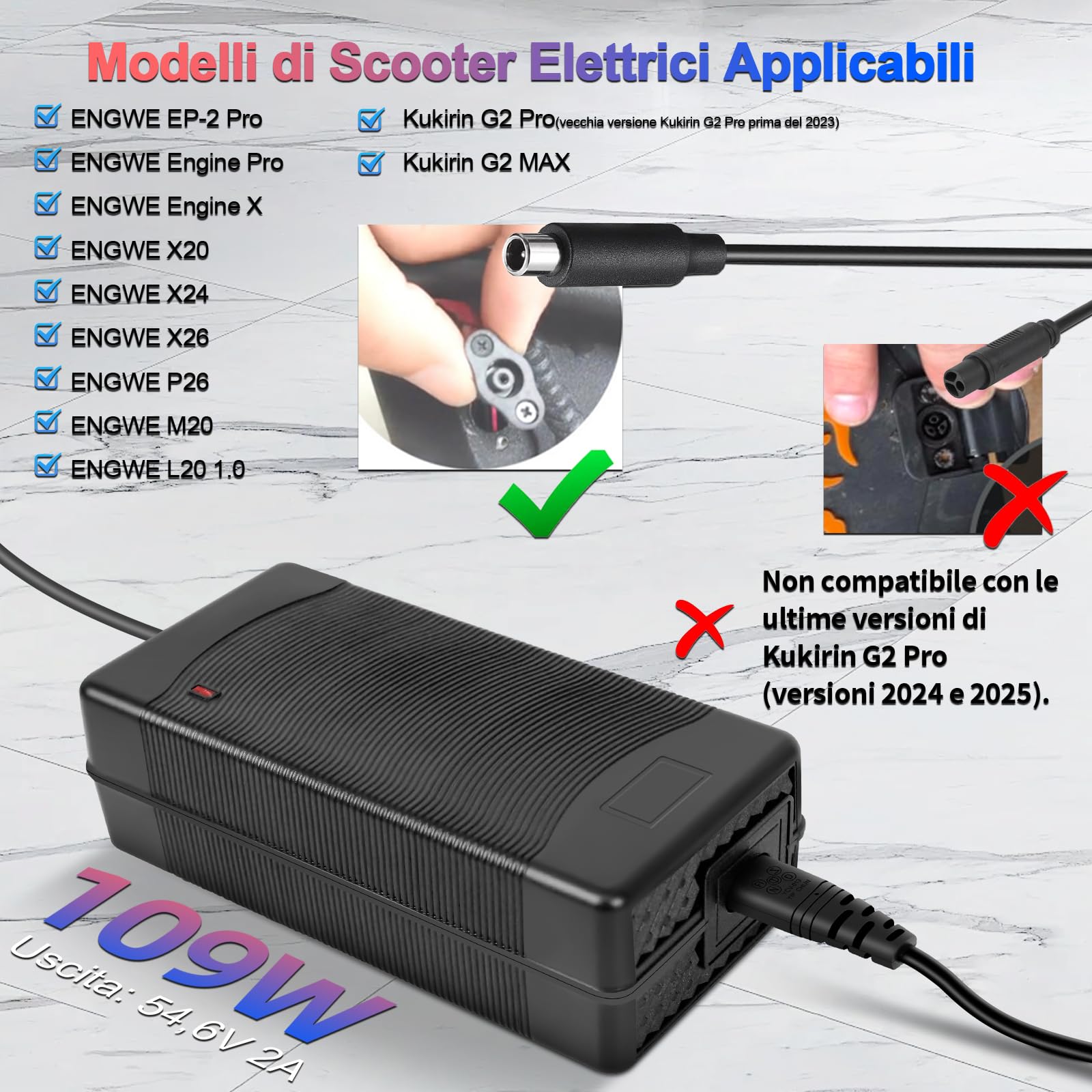 Caricatore da 54,6 V 2 A per Kukirin G2 Pro(vecchia versione prima del 2023)/Kukirin G2 MAX, per ENGWE EP-2Pro/Engine Pro/X26/P26 con batteria agli ioni di litio da 48 V