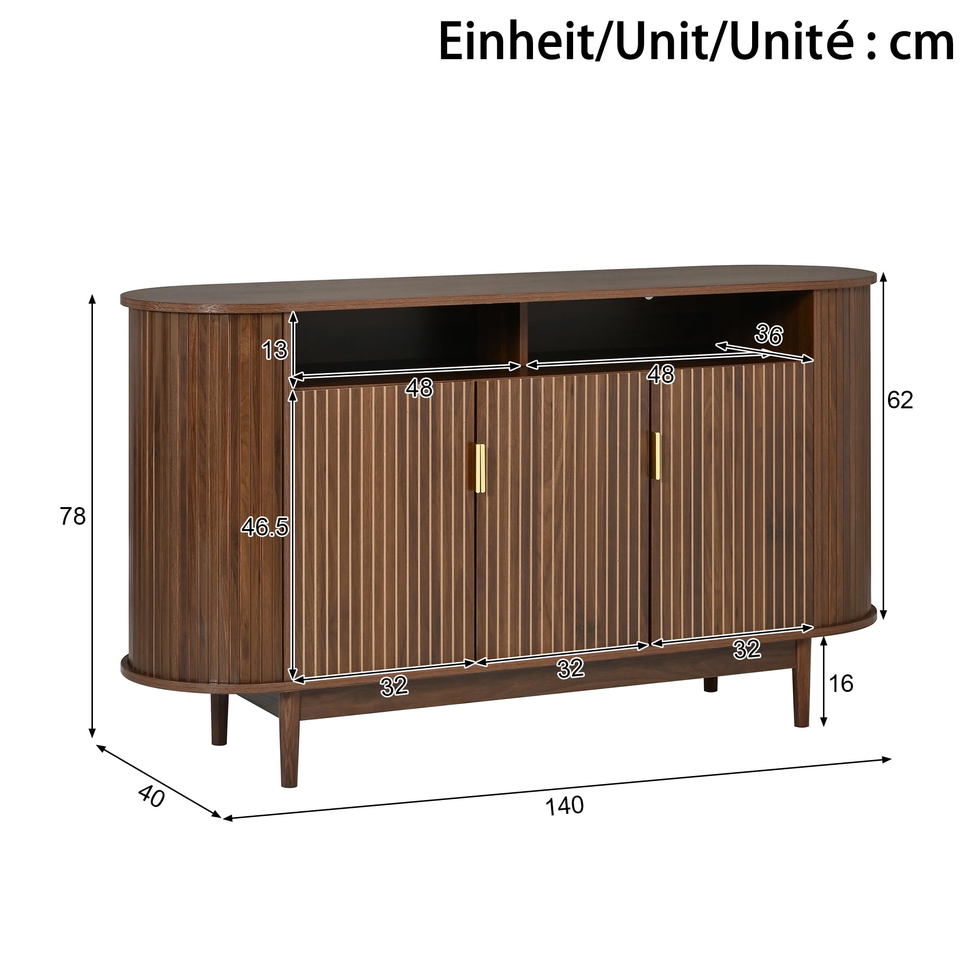 Buffet, Meuble de Rangement en MDF avec 3 Portes et et Pieds en pin, 140 x 40 x 78 cm Buffet Cuisine avec Panneaux de Particules, pour Salon, Salle a Mangeret et Entrée, Aspect Bois, Noyer
