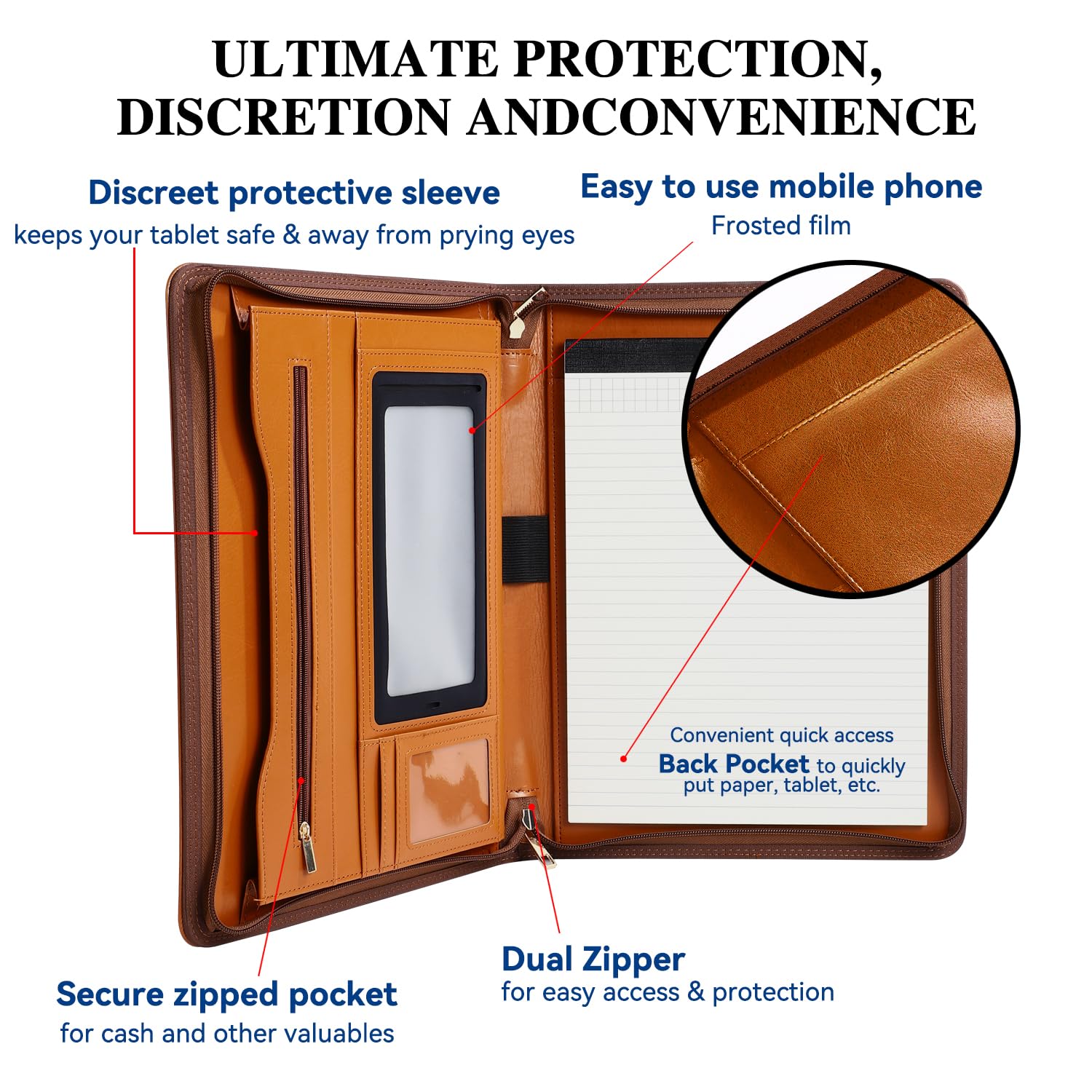 Pro - Padfolio in pelle ecologica in poliuretano, organizer da 25,7 cm, con tasca per tablet e telefono, porta documenti con cerniera, scomparti per carte di credito e blocco note, regalo