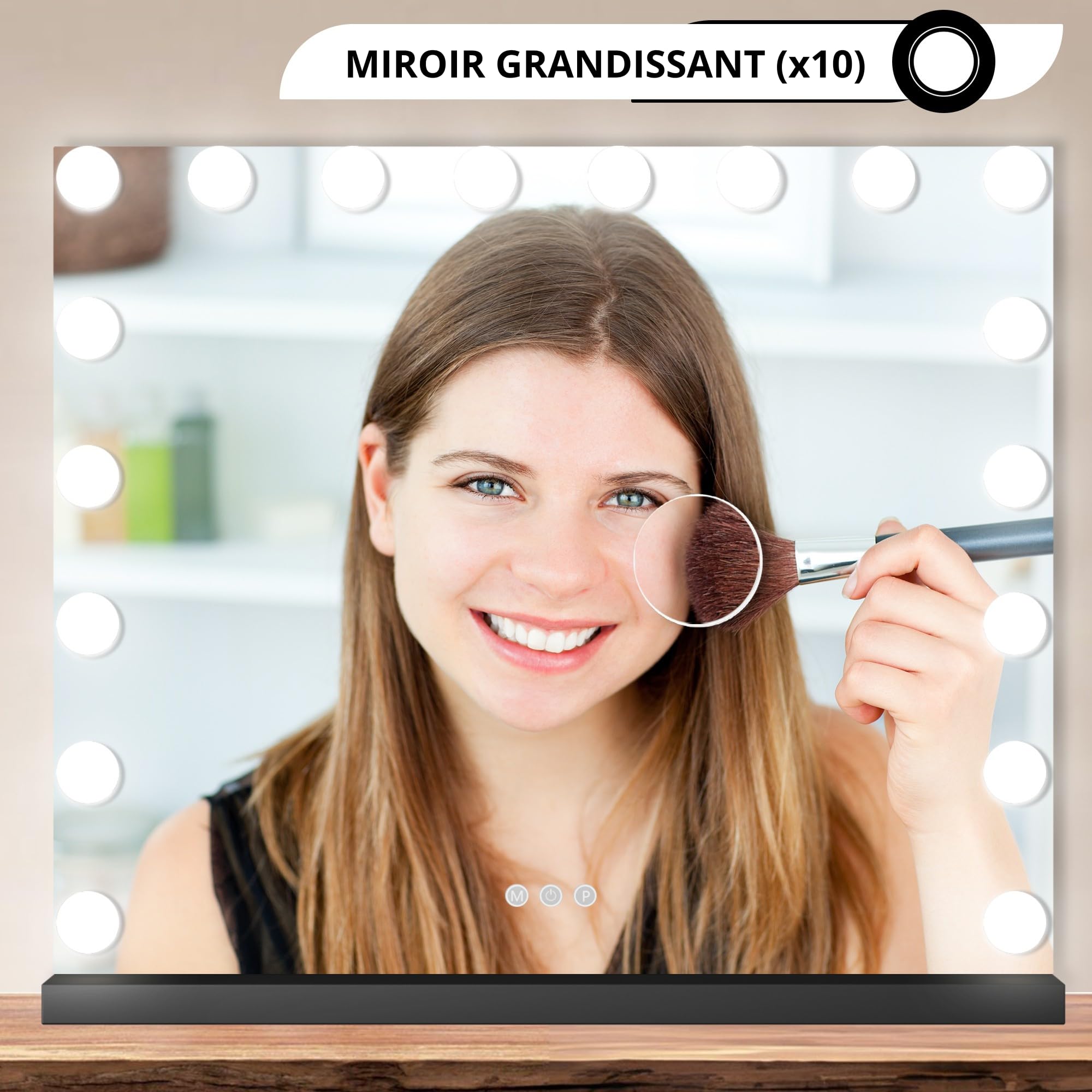 Bayt Miroir Maquillage Hollywood avec Éclairage 80x60 cm – Miroir LED Dimmable avec Grossissement 10x – Noir