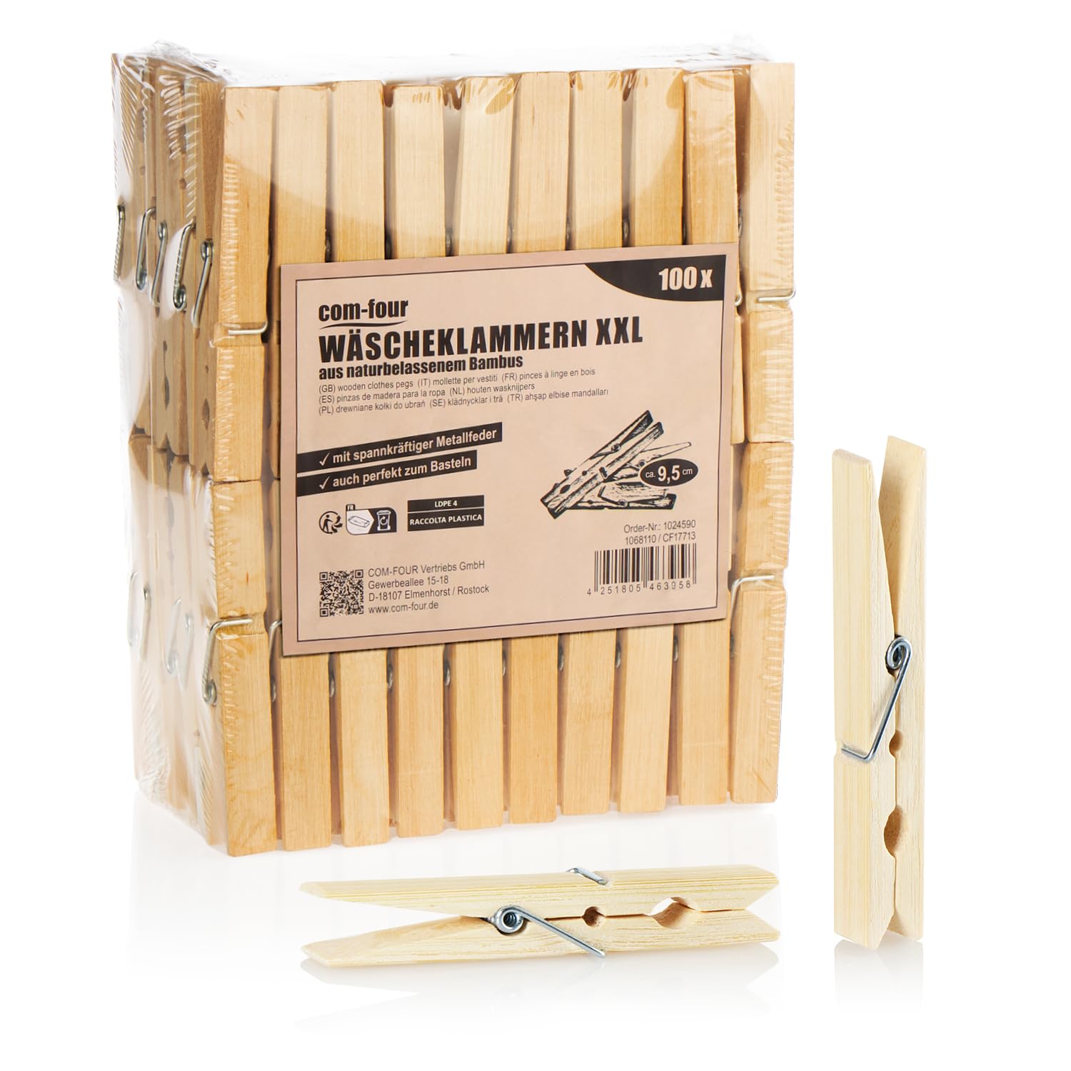 Com-Four® 100x Wäscheklammern XXL aus Bambus - Große Nachhaltige Holzklammern - Unbehandelte Klemmen ca. 9,5 cm zum Wäscheaufhängen, Basteln und Dekorieren (100 Stück XXL)