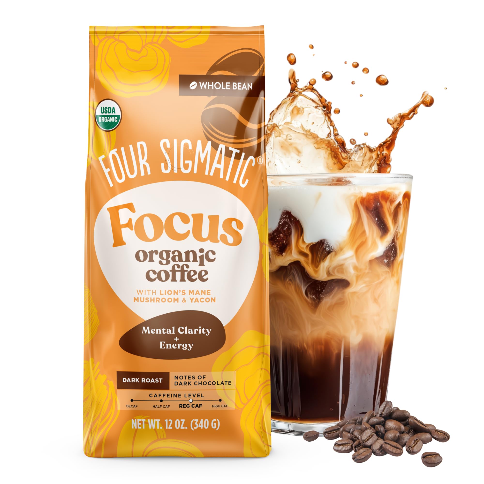 Four Sigmatic Dark Roast Organic Whole Bean Coffee | Gourmet Nootropic Mushroom Coffee Beans with Lion's Mane & Chaga Mushrooms for Enhanced Brain Function and Immune Support | 12oz