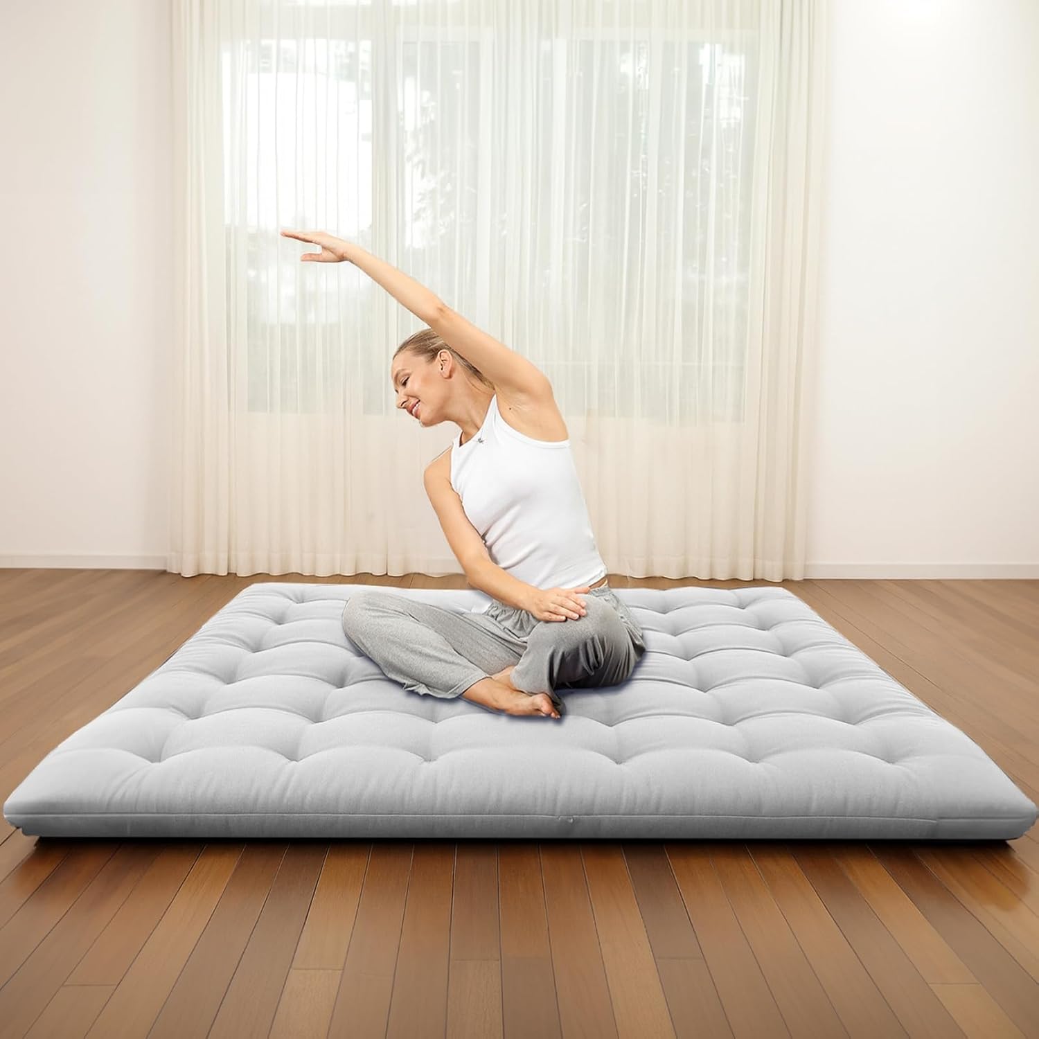 Syrinx Japanese Floor Futon Mattress, Foldable Tatami Sleeping Pad for Adults & Kids, Roll-Up Floor Bed or Bench Cushion 02 - Pearl 39" × 80"(Twin)