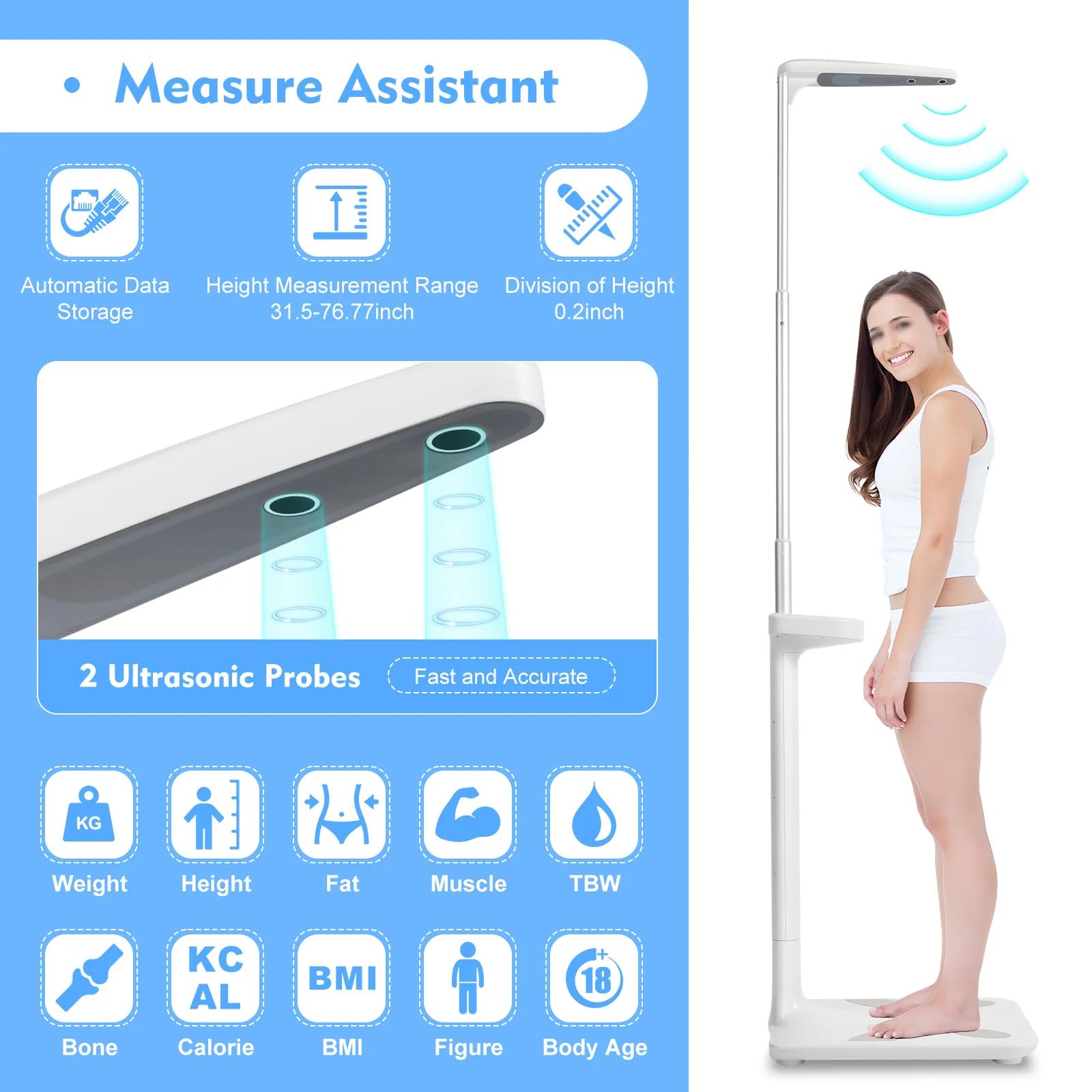 Bilancia Digitale per l'analisi del Grasso corporeo - Misurazione dell'altezza a ultrasuoni con capacità di 440 libbre con Display LCD, Bilancia da Bagno Intelligente per Peso e BMI