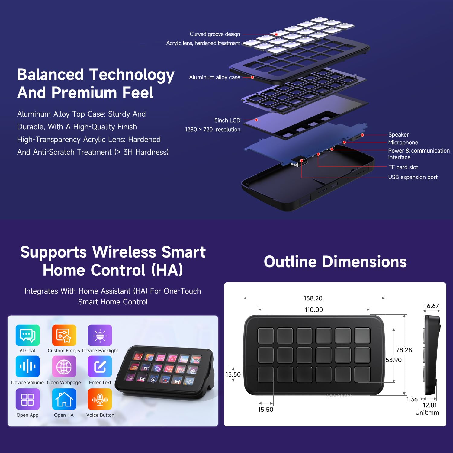 Waveshare SK18 Multi-Functional AI Voice Control Panel, Onboard 18 x Membrane LCD Macro Keys, Supports Linux & QMK Dual-System Architecture and AIDA64