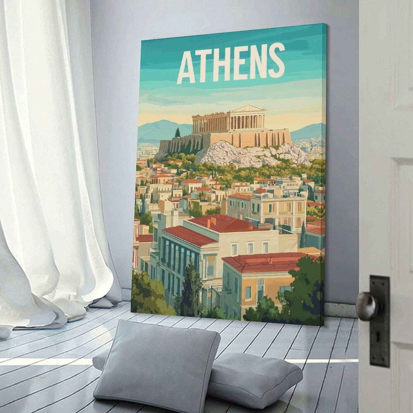 Junmoney Canvas Art Print Trave to Athens Greece, 12x18inch(30x45cm), for Feature Walls in Flats Or Modern Rooms, Wall Decor Suited to Curated Displays