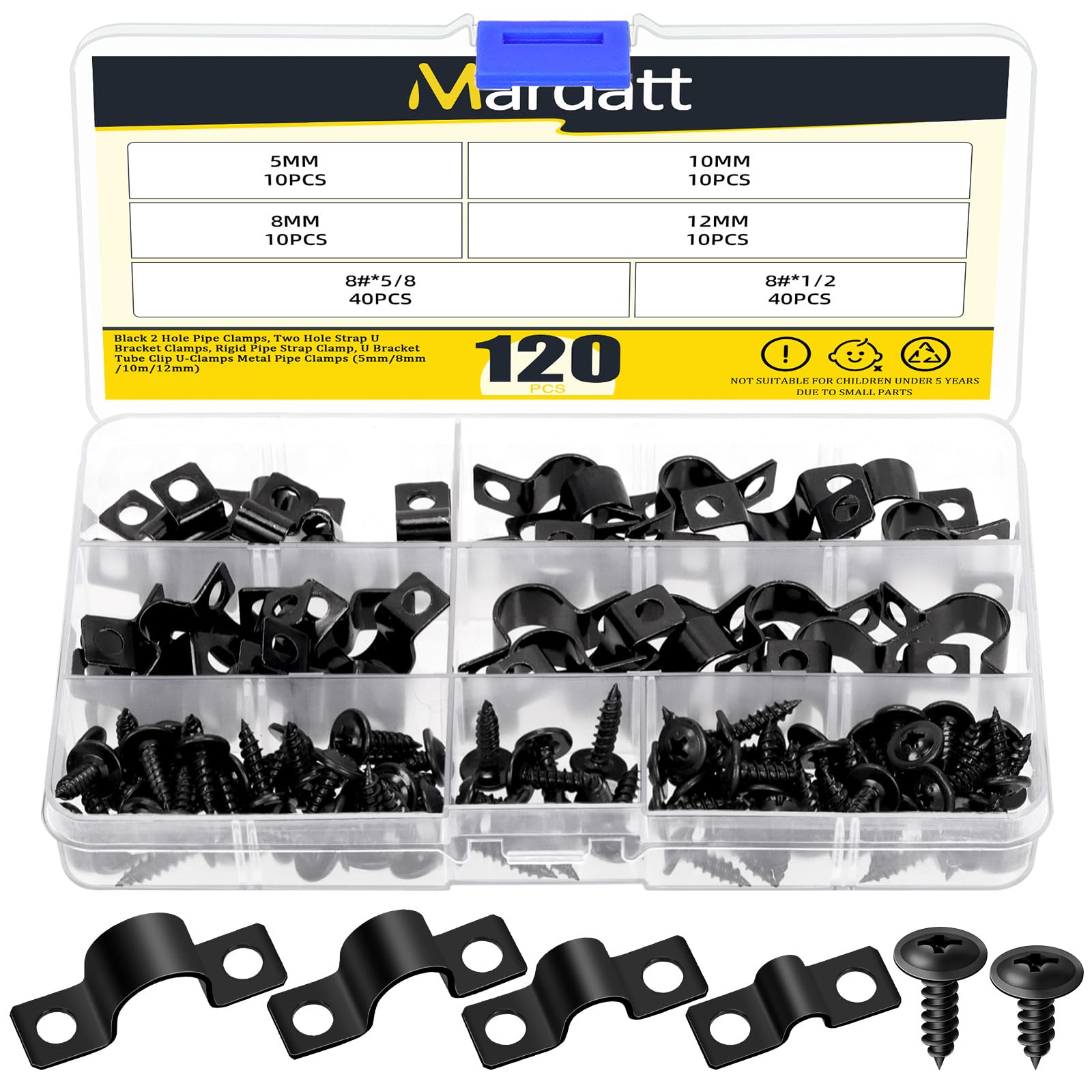 Mardatt 40 Set Two Hole Pipe Strap Clamp, 5mm(3/16”), 8mm(5/16"), 10mm(3/8"), 12mm(1/2") Rigid U Bracket Clamps U-Tube Strap Clamp Conduit Clamps with Self-Tapping Screws for Pipe Fixing