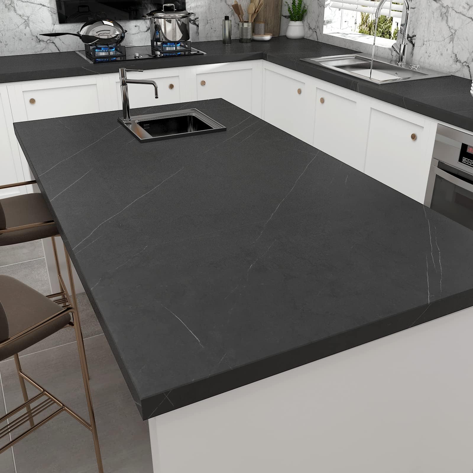 Decotalk Carta Adesiva Per Mobili Effetto Marmo Nero Per Cucina 81X500cm Carta da Parati Moderna Rimovibile Pellicola Adesiva Per Mobili Pietra Marmo Nero Impermeabile Top Bagno Armadio Cassetti