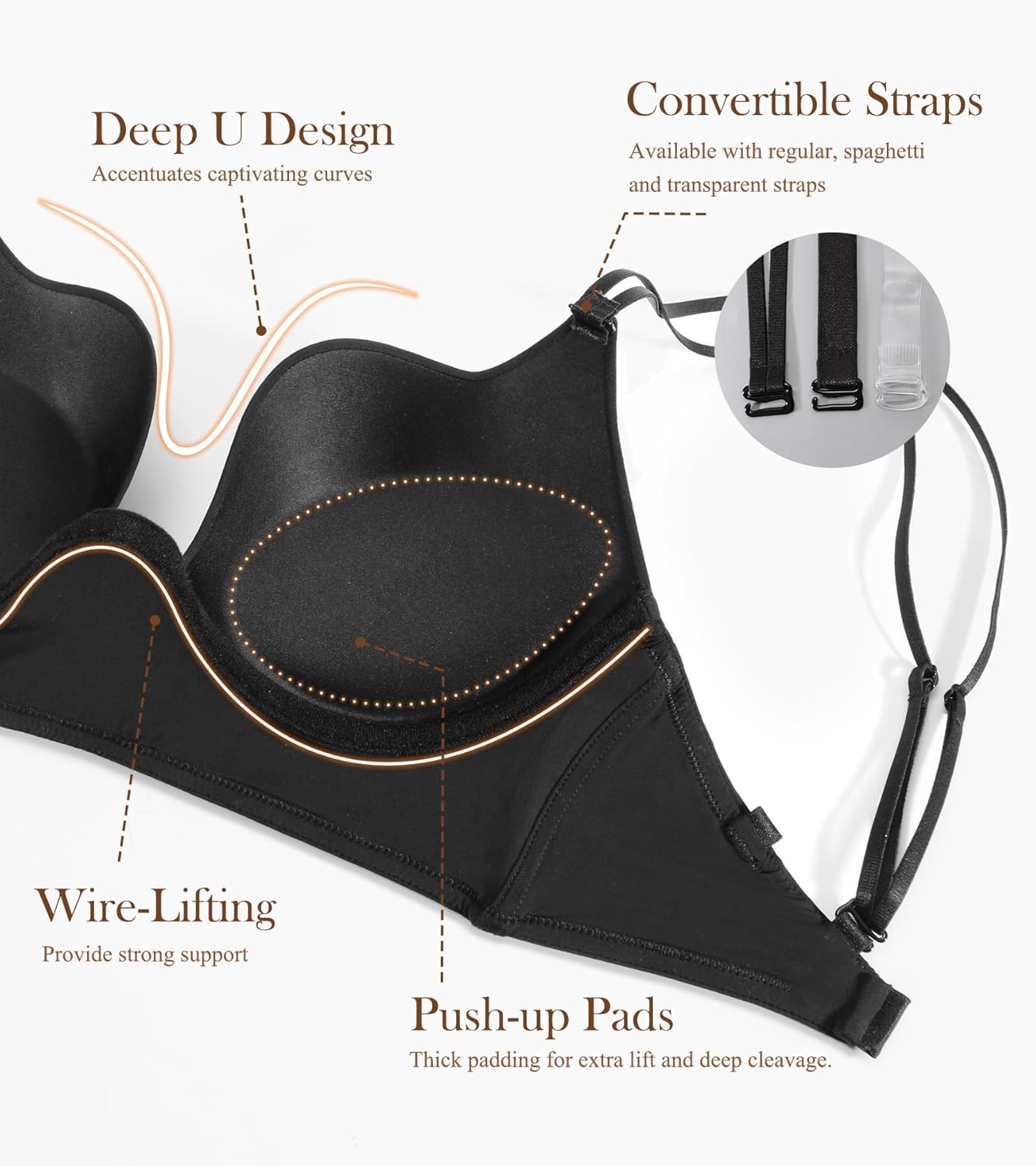 DotVol Women's Backless Multiway Convertible Low Cut Push Up Underwire Bra - Image 2