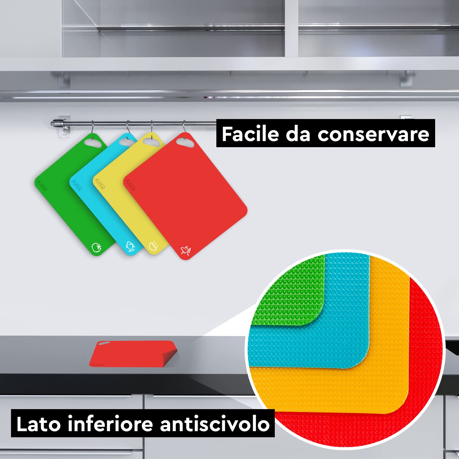 Tagliere da Cucina Plastica, 5 Pezzi Tagliere in Plastica Antiscivolo Senza BPA, Antibatterici Taglieri Colorati da Cucina con Manico, Lavabili in Lavastoviglie, per Carne Verdure Frutta (29 x 19cm