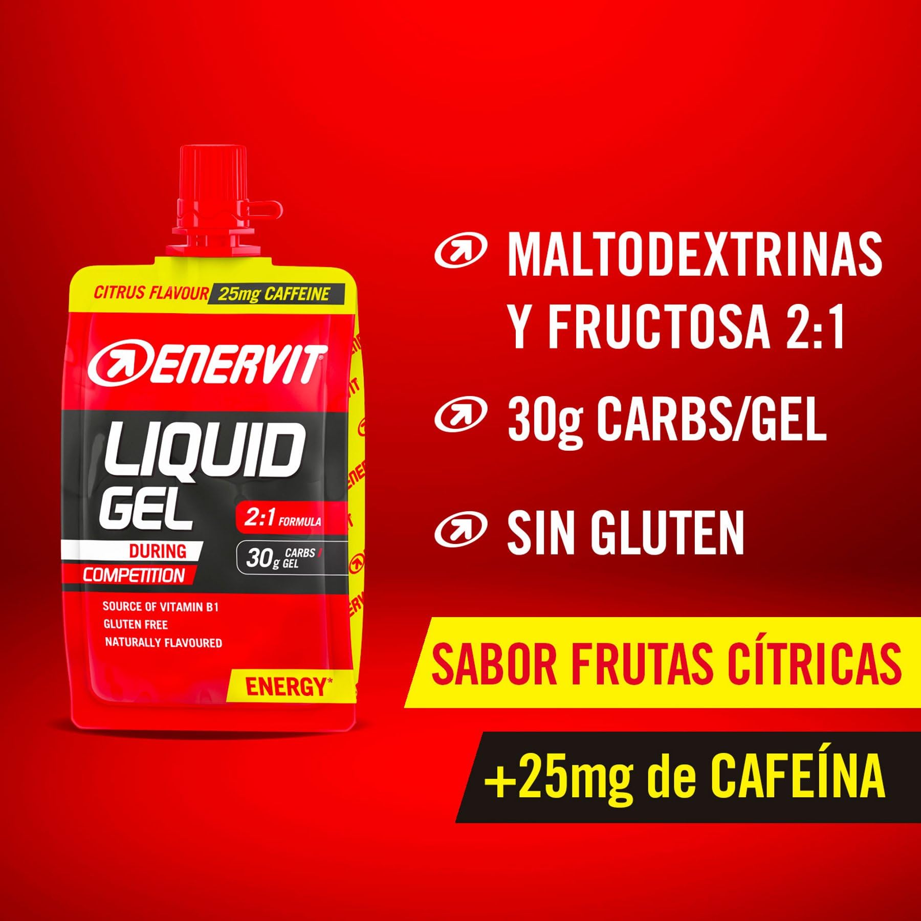 Enervit, Gel Sabor a Cítricos con Cafeína, Ideal para Deportes de Resistencia, Proporciona 30 Gramos de Carbohidratos, con Maltodextrina, Fructosa y Vitamina B1, 4 Unidades de 60 ml
