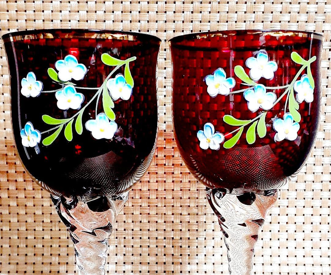 W253 ボヘミアガラス グラビール技法 赤被せ 金彩 鹿 森の図 2客セット W253 ボヘミアガラス グラビール技法 赤被せ 金彩 鹿 森の図 2客