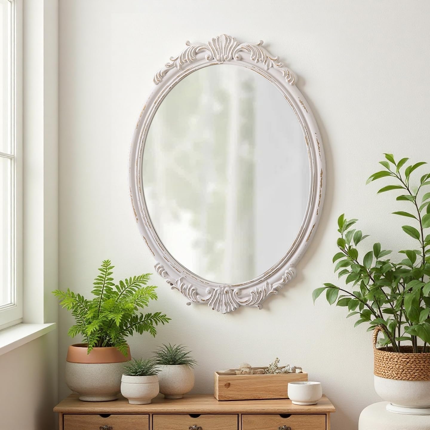 Vintage Oval Mirrors for Wall 30 X 22 Inch, Hanging Distressed White Wood Frame Antique Bathroom Mirrors for Over Sink, Decorative Mirror Living Room Bedroom Entryway, Horizontal or Vertical