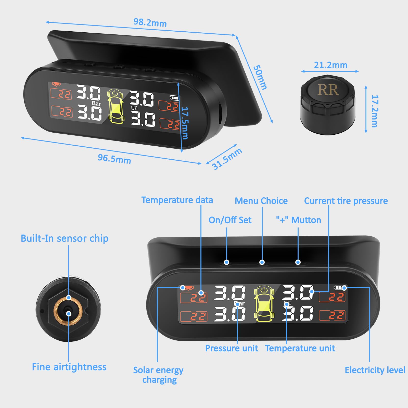 TPMS Sistema di Monitoraggio,della Pressione degli Pneumatici, Ricarica Solare/USB, 4 modalità Allarme, con 4 Sensori Esterni, per Berlina, SUV, Monovolume, Rimorchio, ECC