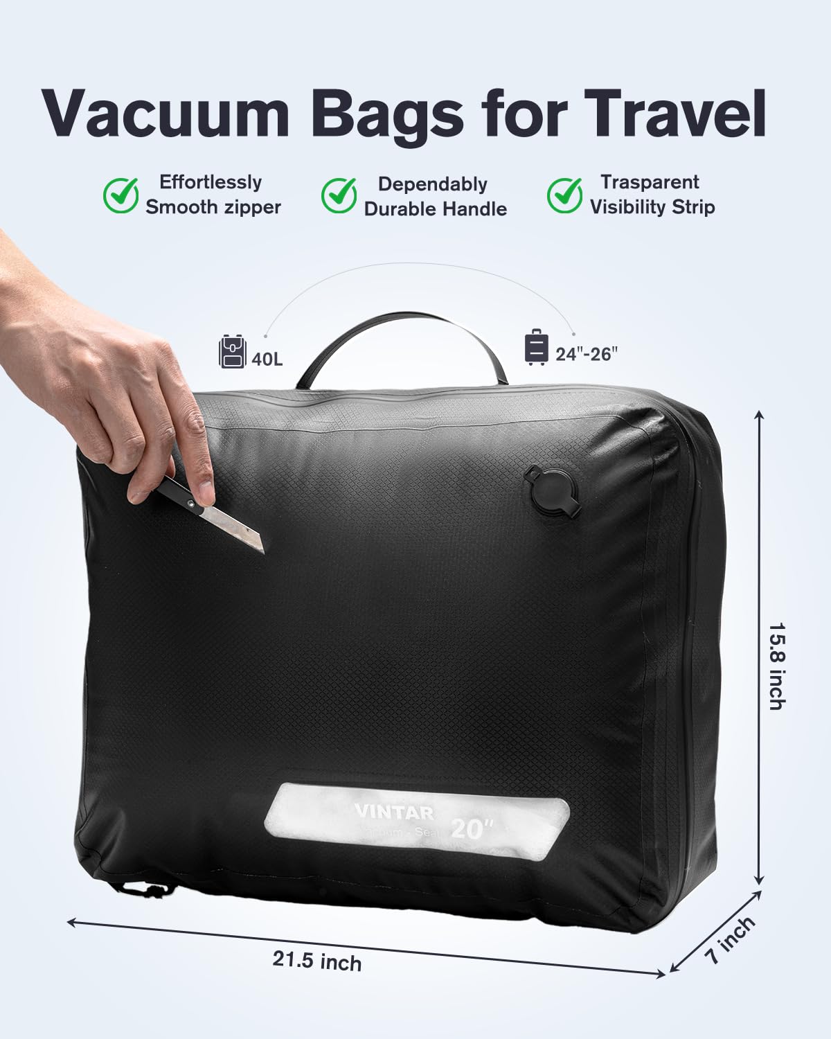 Vakuumbeutel für Reisen, platzsparende Vakuum-Aufbewahrungsbeutel mit IP68 wasserdicht, Vakuumbeutel für Kleidung Reisen, wiederverwendbare Kompressionsbeutel für Handgepäck und Rucksack (40 l, 2