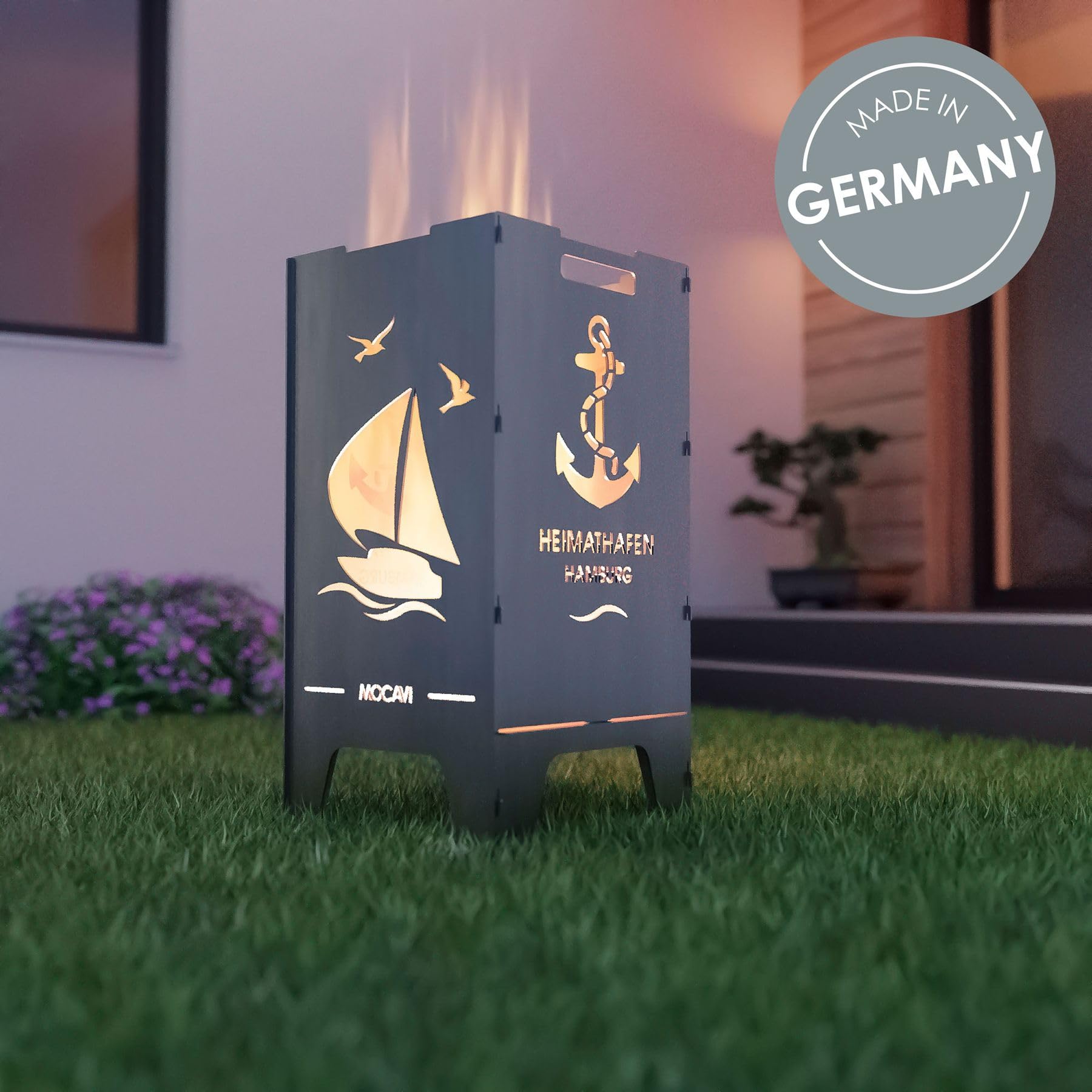 MOCAVI Feuertonne Heimathafen 73 cm | 3 mm Stahl personalisiert Feuerkorb Feuerschale sicher massiv robust Design-Feuerfass für Garten und Terrasse groß eckig Feuerstelle Outdoor hitzefest außen