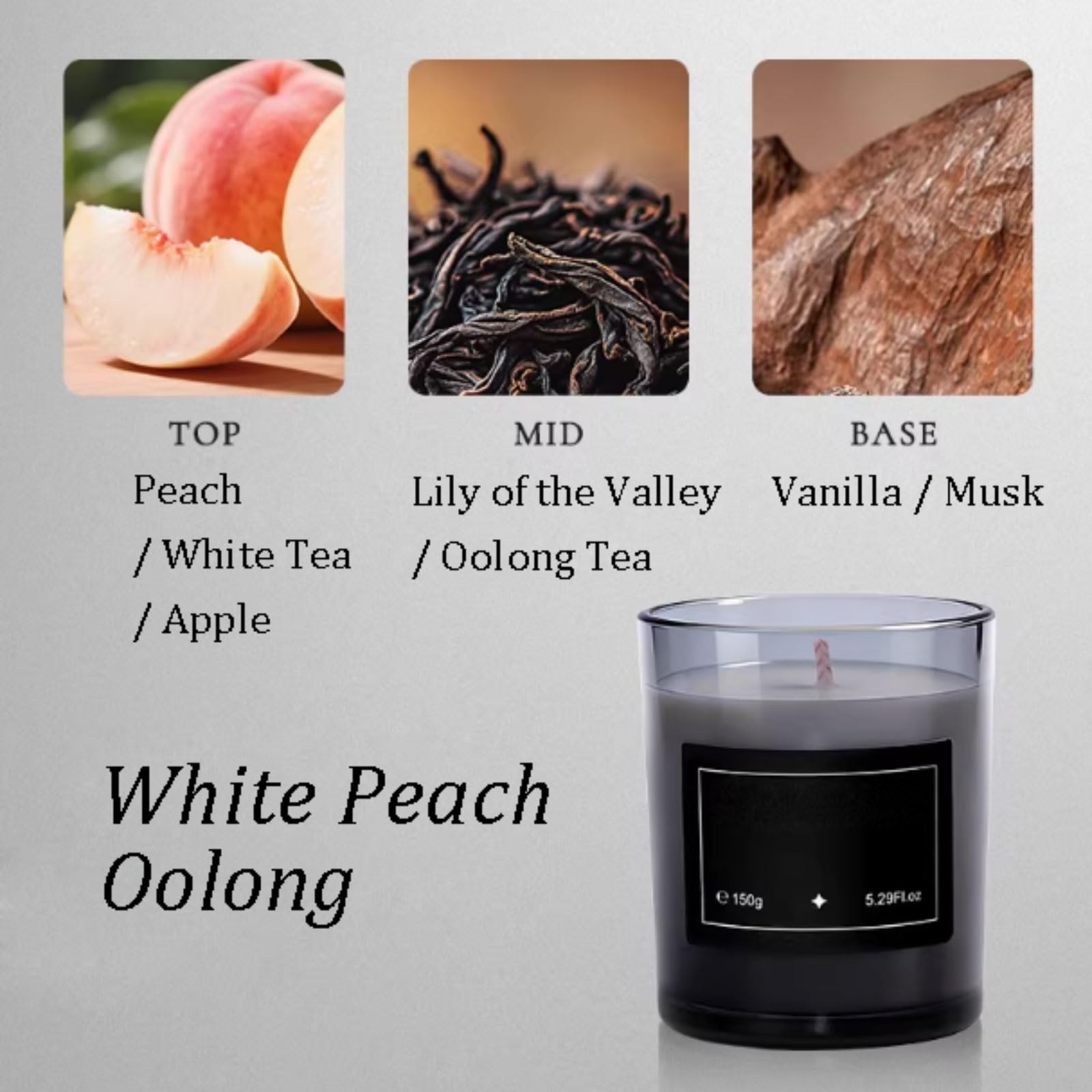 Compacto Velas de vidrio hechas con cera de soja y aceites esenciales, velas perfumadas cilíndricas de larga duración for aliviar el estrés no es picante(White Peach Oolong)