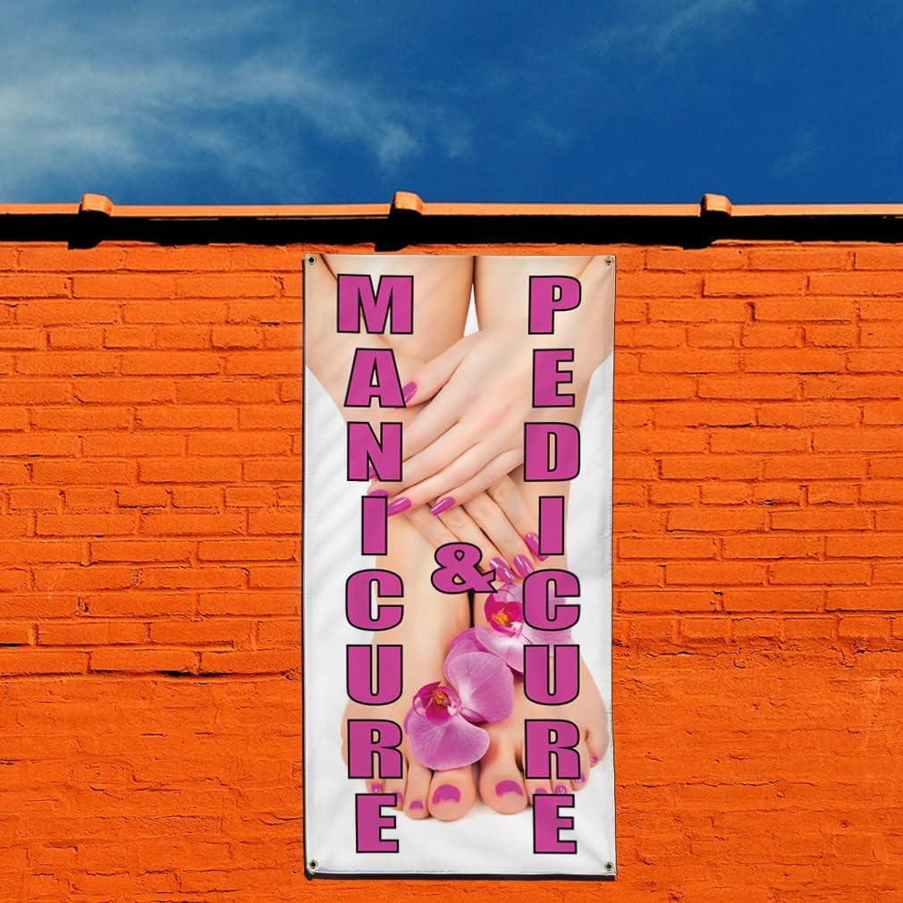 Vertical Vinyl Banner Multiple Sizes Manicure and Pedicure Business Outdoor Weatherproof Industrial Yard Signs 4 Grommets 36x24Inches