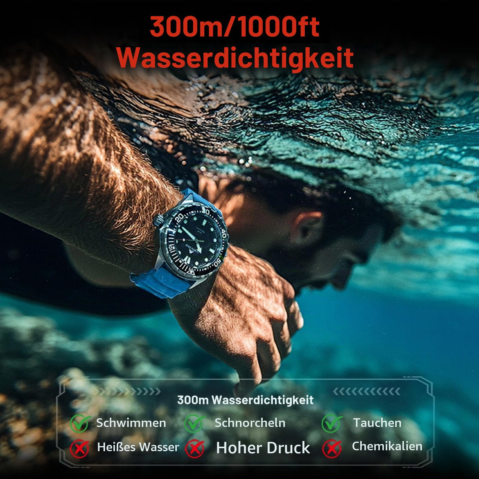 Dpofirs Solar Powered Dive Watch Frauen Männer Watch, 300 M/1000 Fuß Wasserdicht, Schnelle Beleuchtung, für Draußen, Lässig, Geschäftlich, Täglich