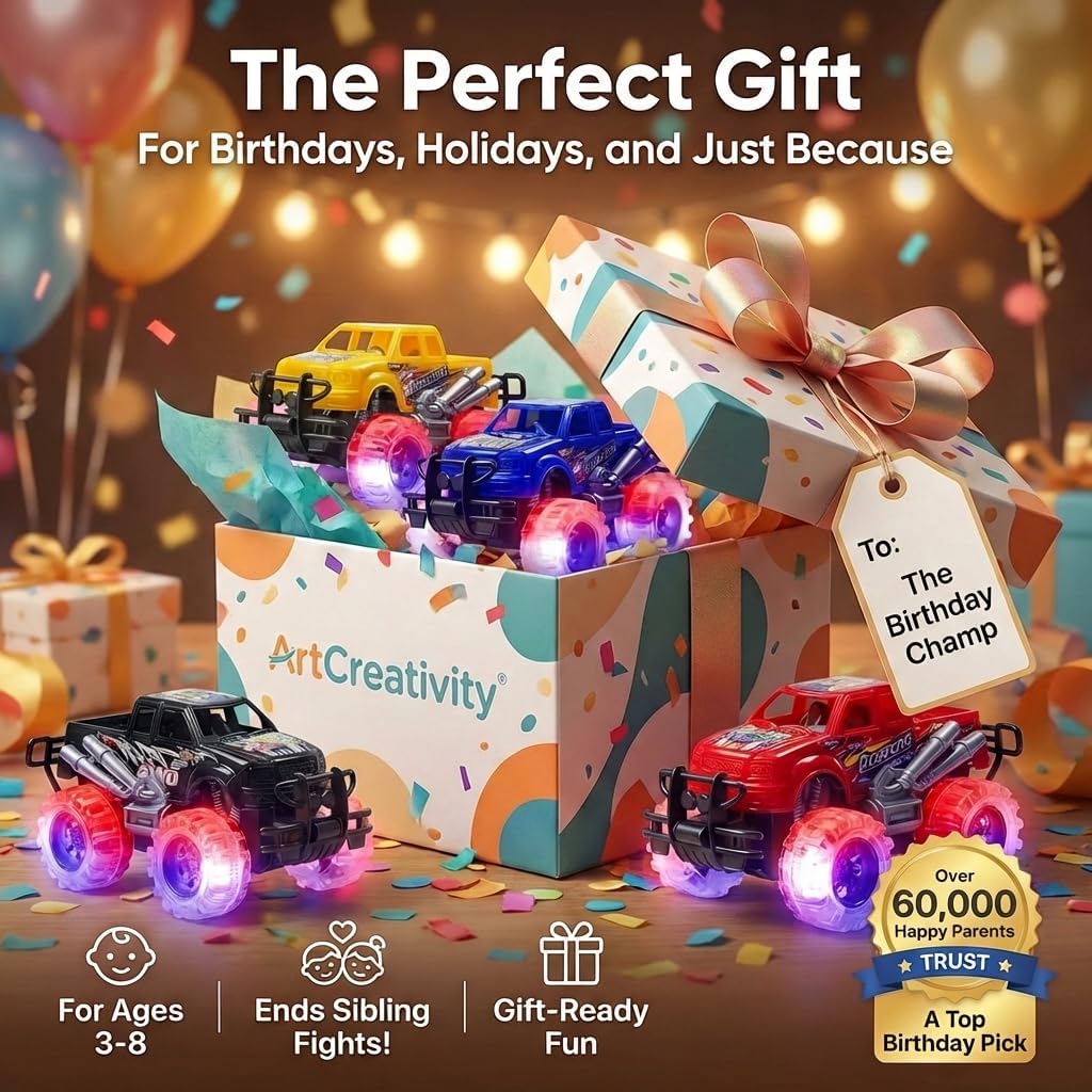 ArtCreativity Light Up Monster Trucks for Boys and Girls, 4-Pack Toy Truck Set, Monster Trucks for Boys 3 4 5 6 7 8 Years Old, Toddler Monster Truck Toys, Light Up Trucks