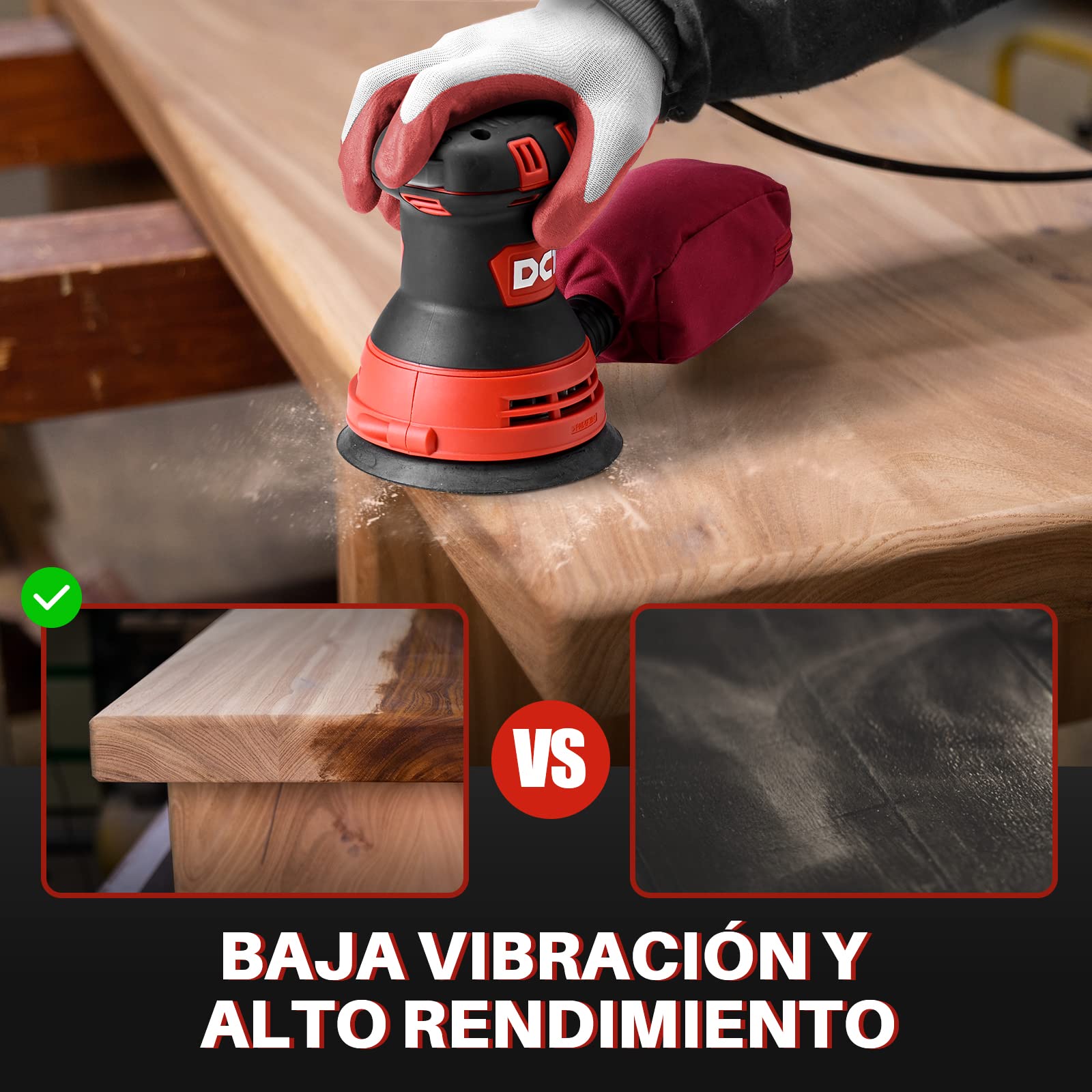 DCK Lijadora Orbital, 300W Lijadora de Madera, 6 Velocidades, 4000-12000/min, 125mm con 10 Papeles de Lija, Bolsa de Polvo, Baja Vibración, Lijadora para Madera, Decoración de Muebles (KSA125)