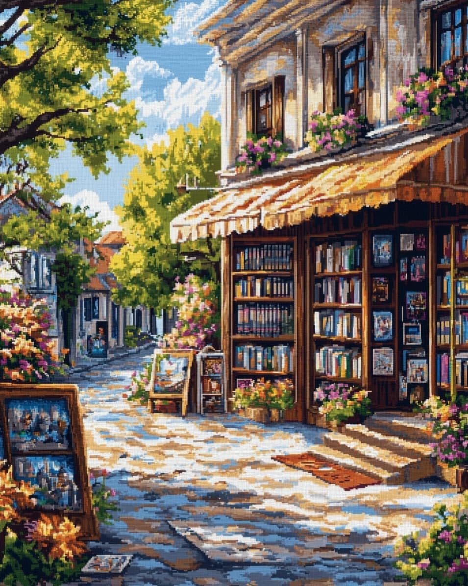 WallustrioaW Stamped Cross Stitch Kits for Adults,Street Bookstore,11CT Cross-Stitch for Home Wall Decor DIY Embroidery Kit Needlework Crafts,40x50cm