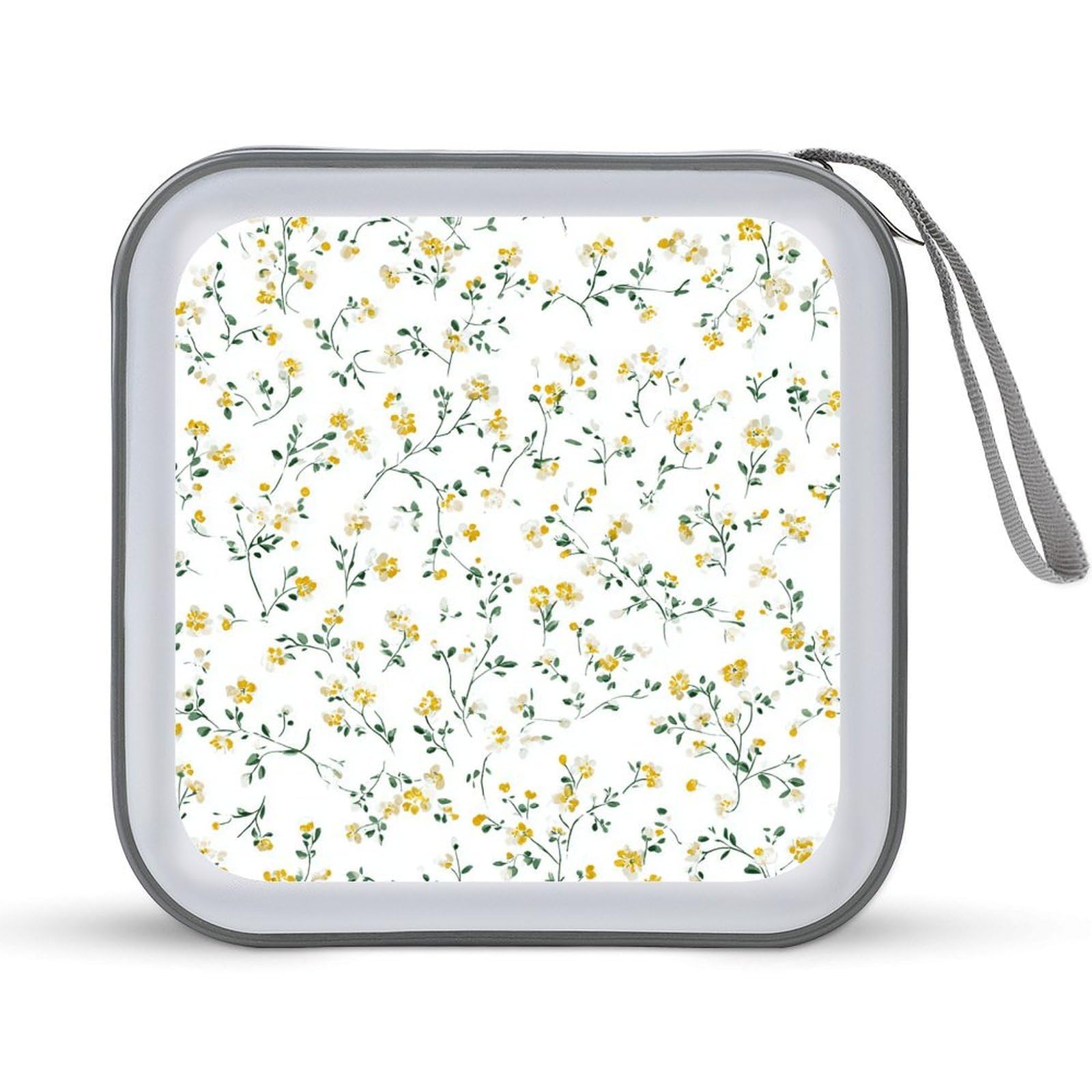 Jubonexis Tiny Dainty Pale Yellow And Green Floral CD Case DVD Storage Case Portable for Car Home Travel