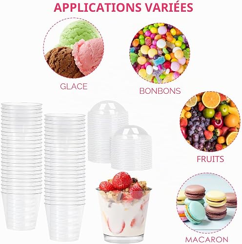 50PCS Pudding Cups with Lids and Stickers - 210ml 7oz Clear Plastic Dessert Cups with Dome Lids, Reusable Parfait Appetizer Cups for Mousse Yogurt Fruit - Round Serving Bowls for Parties Events - 4