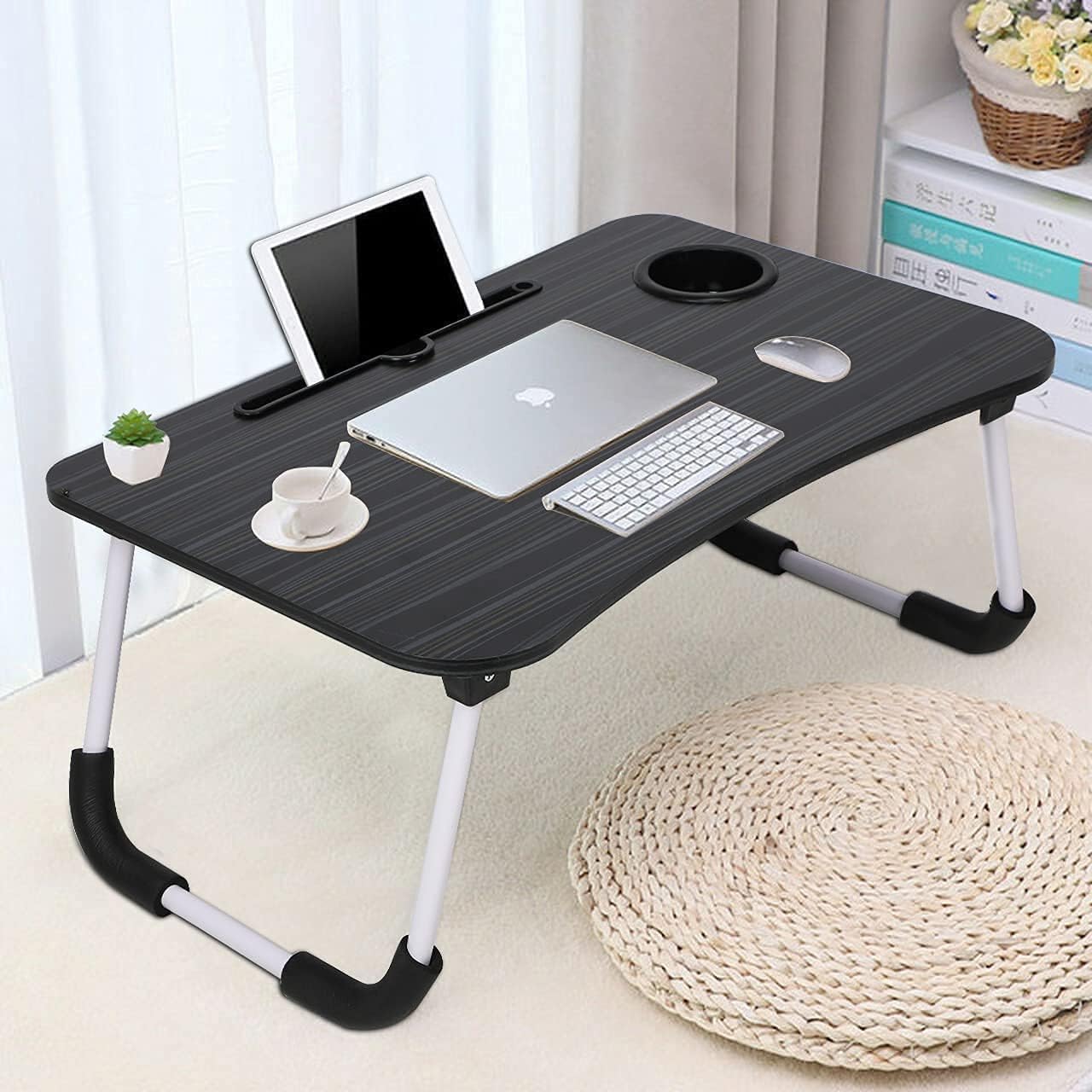 Foldable Wooden Mini Laptop Table for Bed, Smart Study Table with Drawer Kids & Adults (US-COTTEDS .Black.)