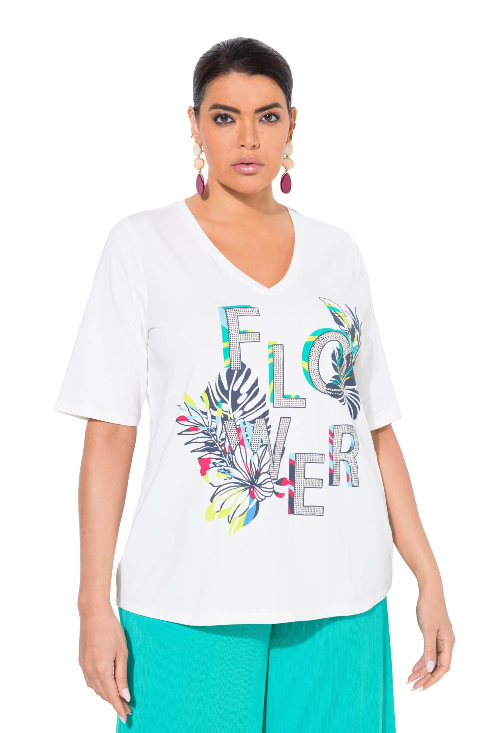 Ulla Popken Damen große Größen Übergrößen Plus Size T-Shirt, Flower, Classic, V-Ausschnitt, Halbarm 839143