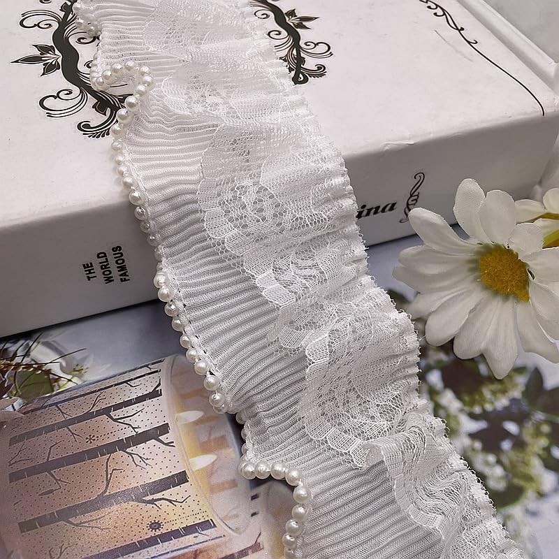 SUNMOVE 2 Yards White Pearl Trim Lace Ribbon Ruffles Beaded Lace Edge Trim Wedding Dress Bridal Ribbon Sew On Applique Cloth Bag Hat Dress Decoration (2.36 inch Wide)