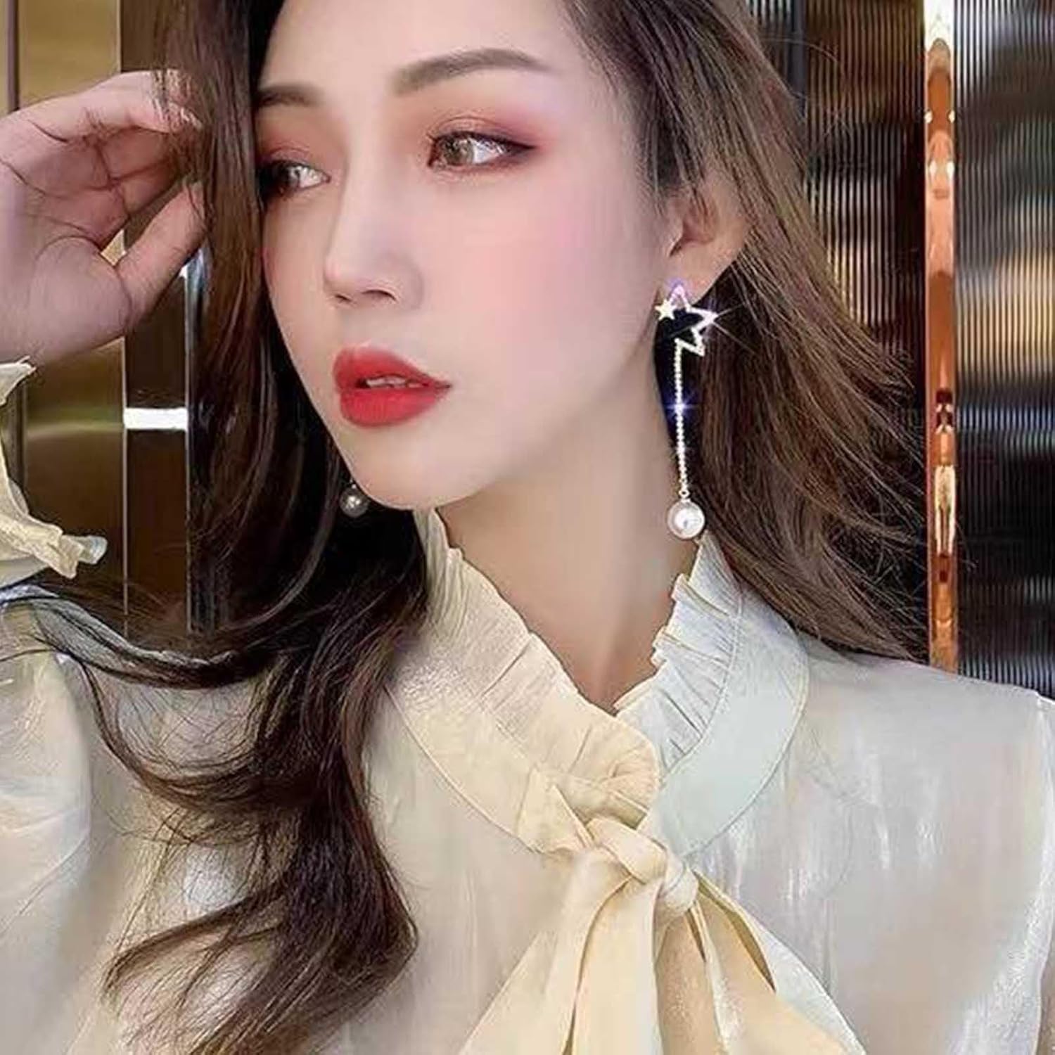 Long Pearl Tassel Drop Earrings Vintage Pearl Tassel Chain Earrings Gold Half Pentagram Earrings Tassel Pearl Wedding Earrings Jewelry for Girls Gifts - Image 6