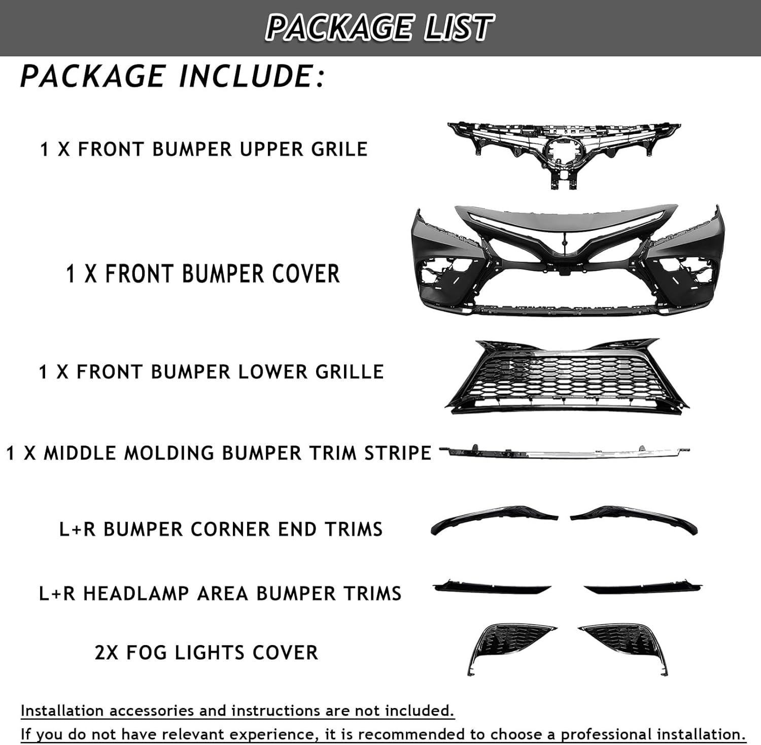 Bewild Front Bumper Assembly Fit For 2021 2022 2023 Toyota Camry SE XSE W/Front Bumper & Honeycomb Grille & Black Trim & Fog Light Bezel Set Replacement