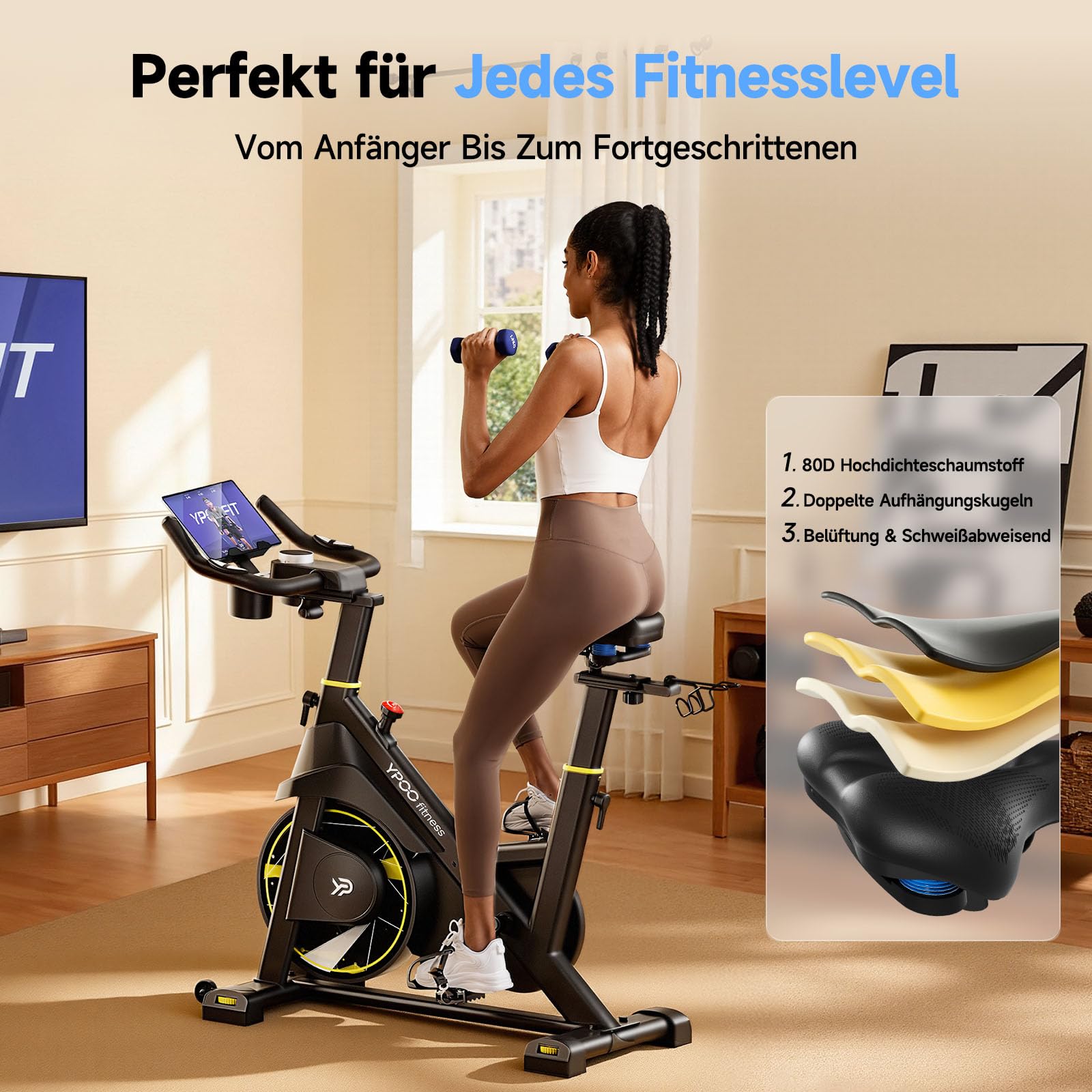 YPOO Cyclette da Casa, Resistenza Magnetica Regolabile, Sella Comoda, Supporto Tablet e Corsi Fitness, Bici Indoor per Allenamento Cardio a Casa, Cyclette Pieghevole, Grande Capacità di Carico
