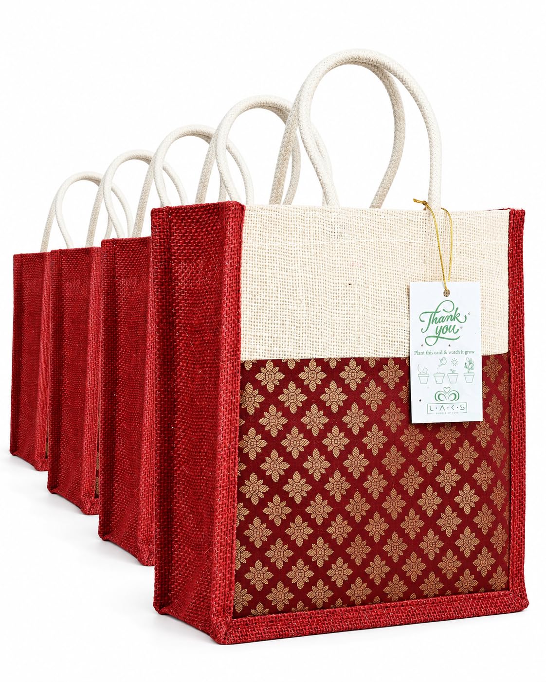 LAKS - Jute Gift bags - Jute Bags - Jute Bags For Return Gifts - Gift bags Small Size - 10x10x4 inch - With Seed Paper Thank You Card (Brocade - Maroon, Pack of 5)