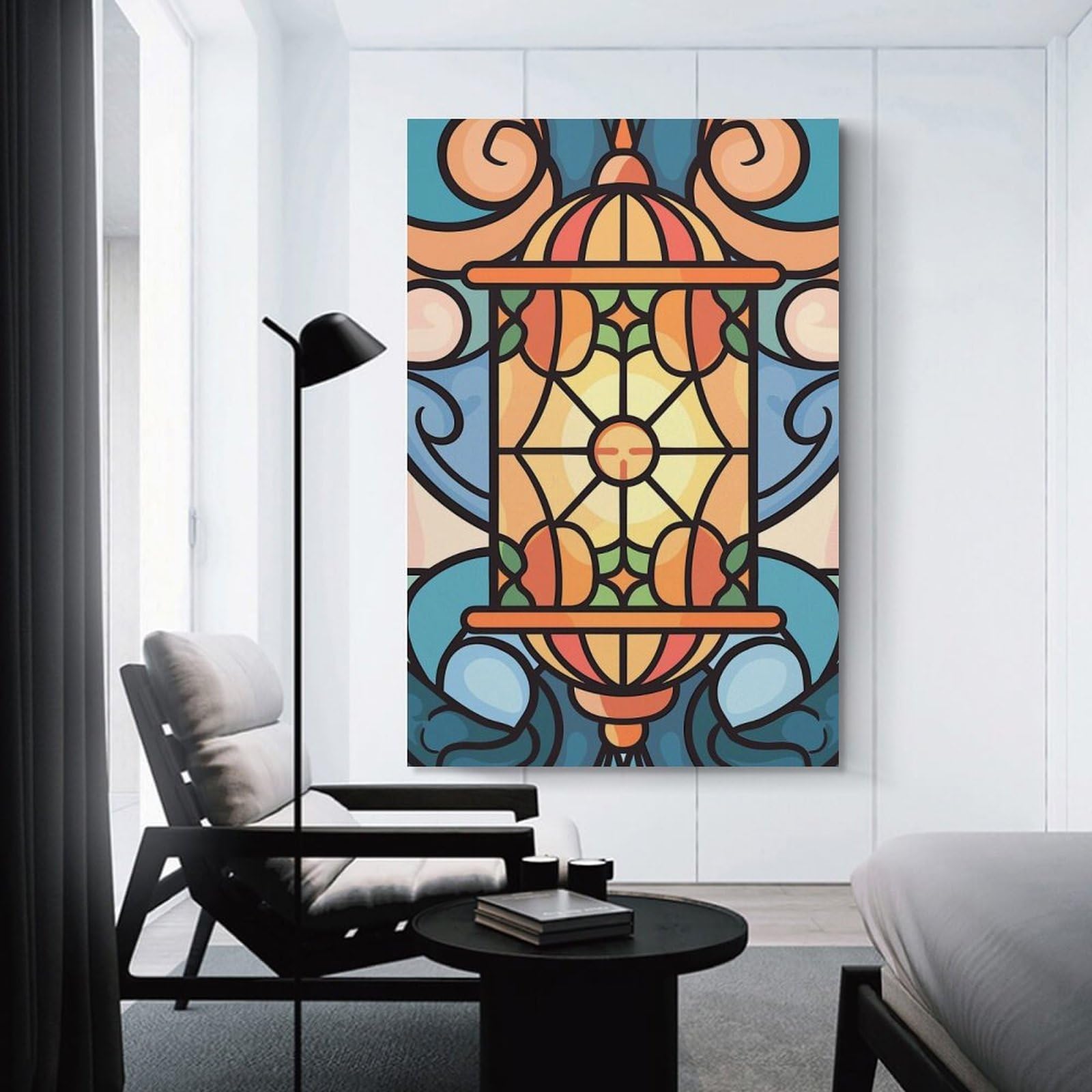 Stained Glass Lantern with Sun Motif Hanging Wall Art, 24x36inch(60x90cm), for Living Room, Bedroom, Office Or Hallway, Decorative Artwork with Broad Appeal