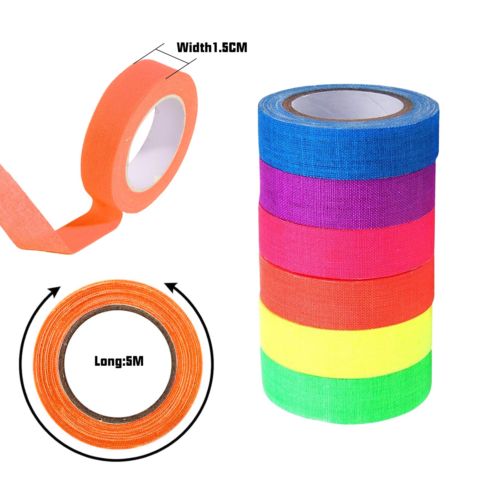 6 Rotoli Nastro Adesivo al Neon Nastri Fluorescente Nastro al Neon Gaffa Nastri Riflettenti UV Blacklight 15mm x 5m per Decorazioni per Feste Halloween Natalizi Artigianato