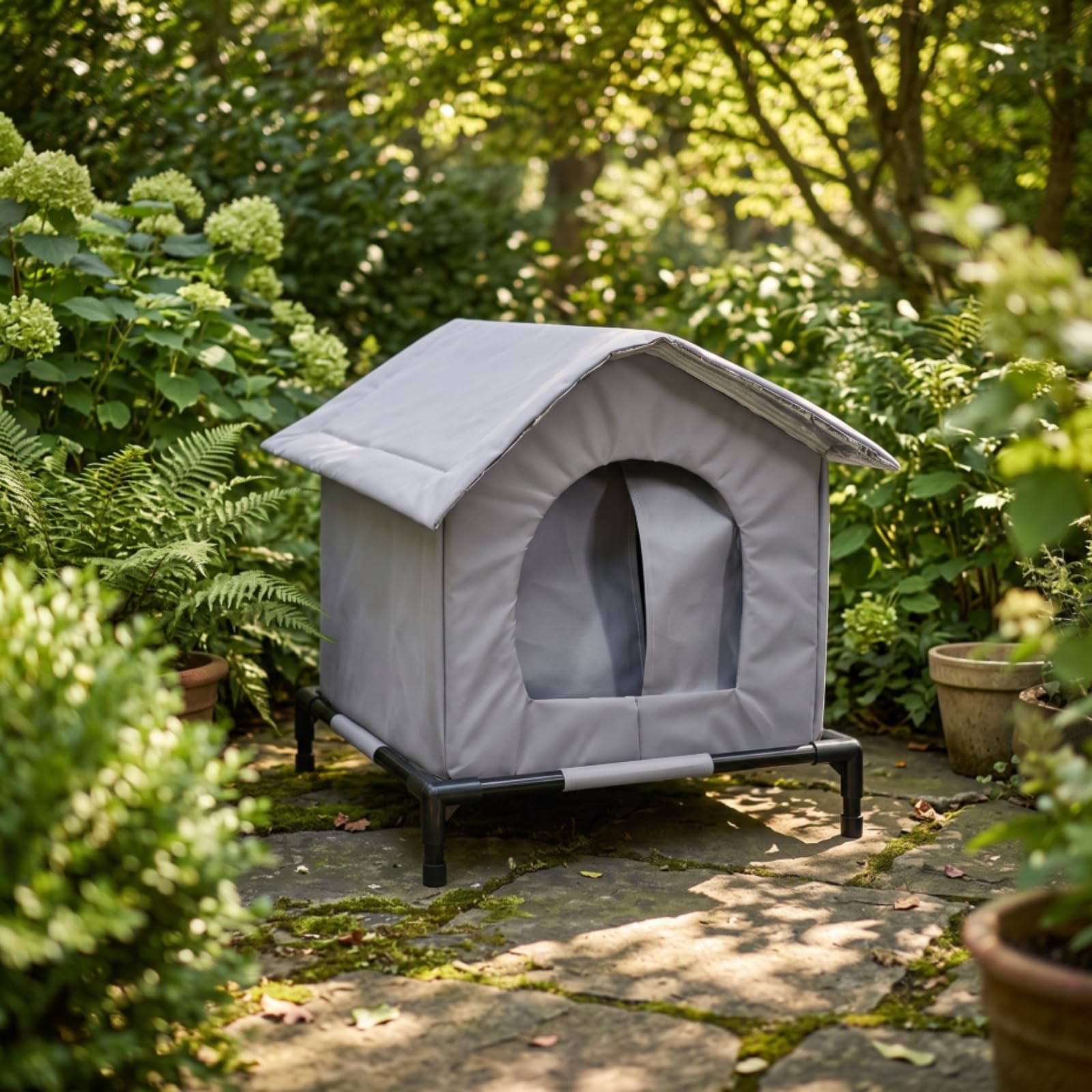 Niche pour Chat Compact, Size to 2, Modèle avec Support en Tissu Gris, Taille M | Extérieur, Niche pour Chat avec Pieds, Surélevé, Balcon, Chats