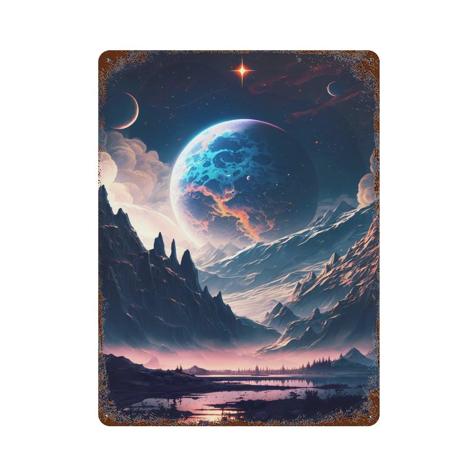 Aged Metal Wall Plaque with Stellar Anime Landscape Design 15.7"x11.8", for Basement, Hobby Room And Garage Decor, Farmhouse Wall Decor