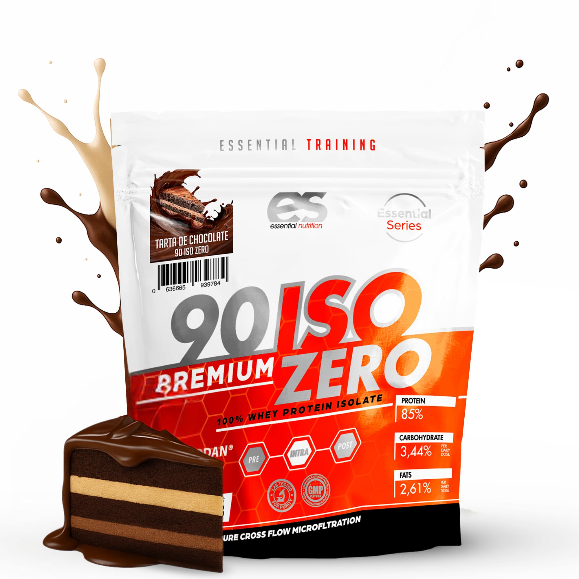 ESSENTIAL NUTRITION - 90 ISO ZERO | Proteina Isolada | Aumenta la Masa Muscular | Bajo en Carbohidratos, Azúcares y Grasas (1 kg (Paquete de 1), Tarta de Chocolate)